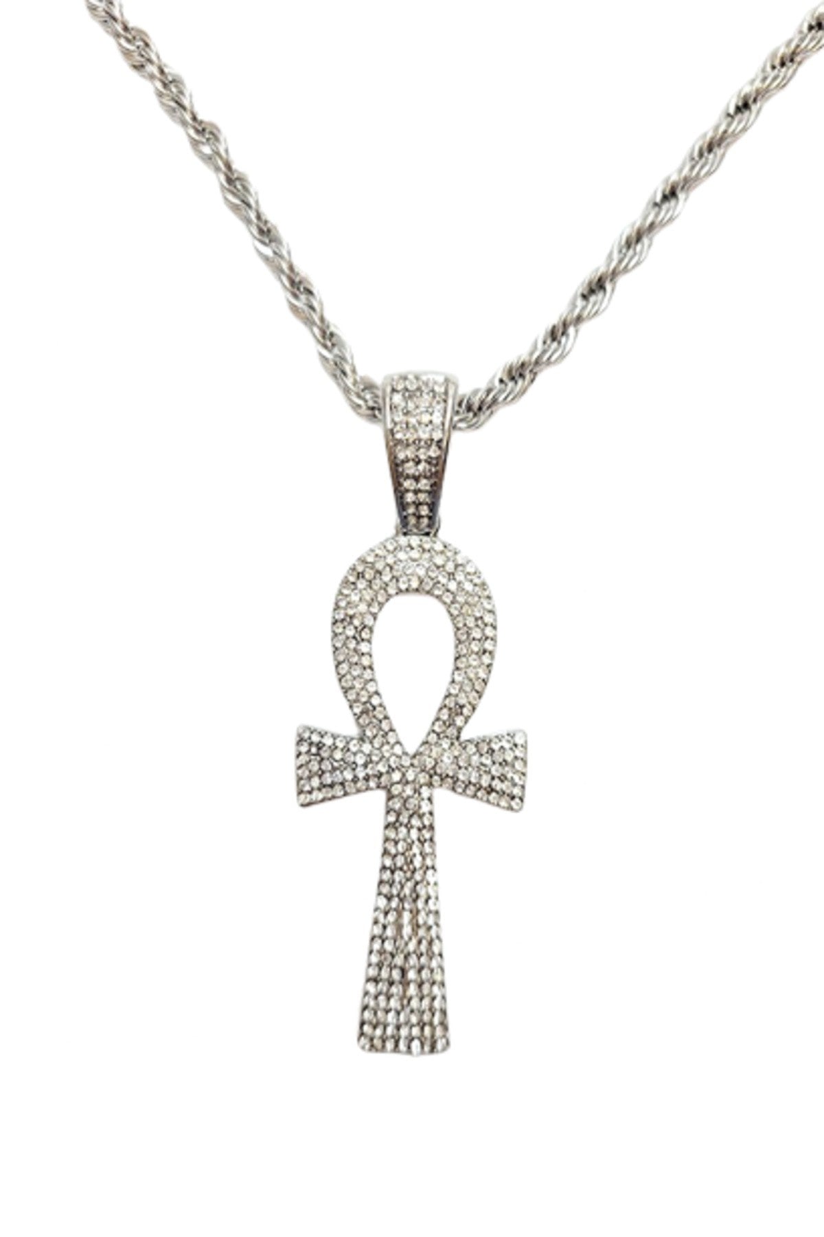 Hip Hop Iced Out Ankh Cross Pendant Chain with 24-inch rope chain, featuring a sparkling ankh cross design.