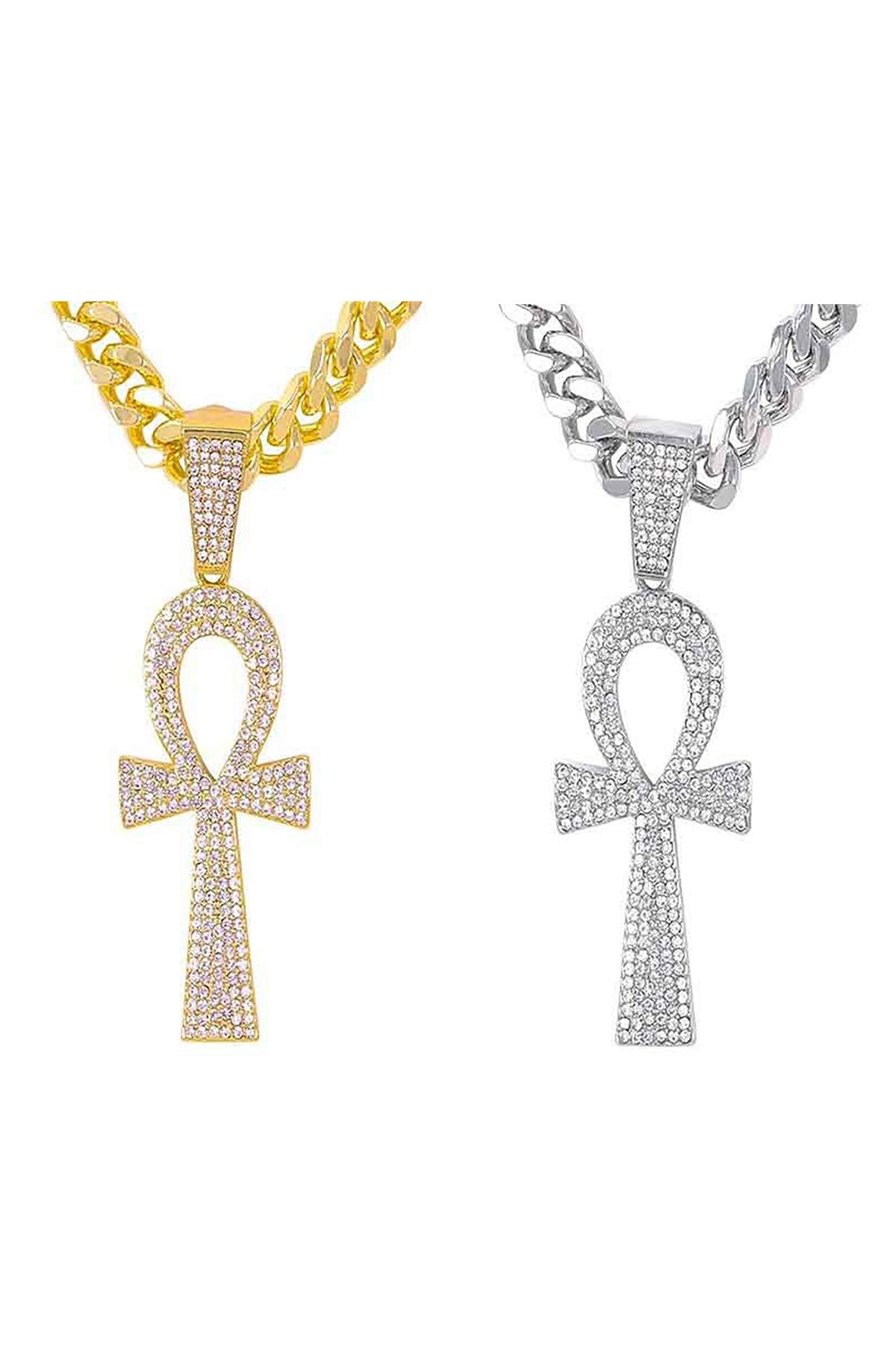 Hip Hop Iced Out Ankh Cross Pendant with a 30-inch Cuban chain, featuring a sparkling design and secure lobster clasp.