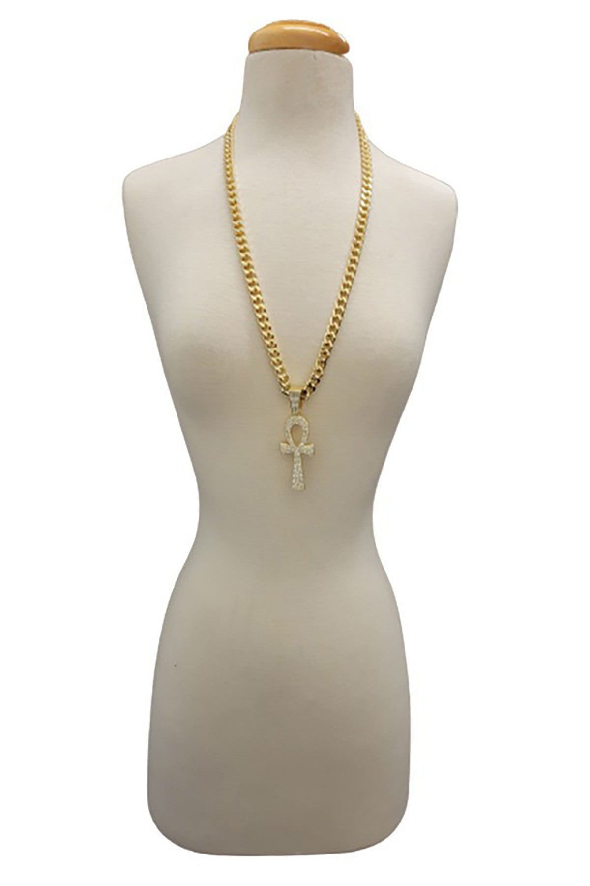 Hip Hop Iced Out Ankh Cross Pendant with a 30-inch Cuban chain, featuring a sparkling design and secure lobster clasp.