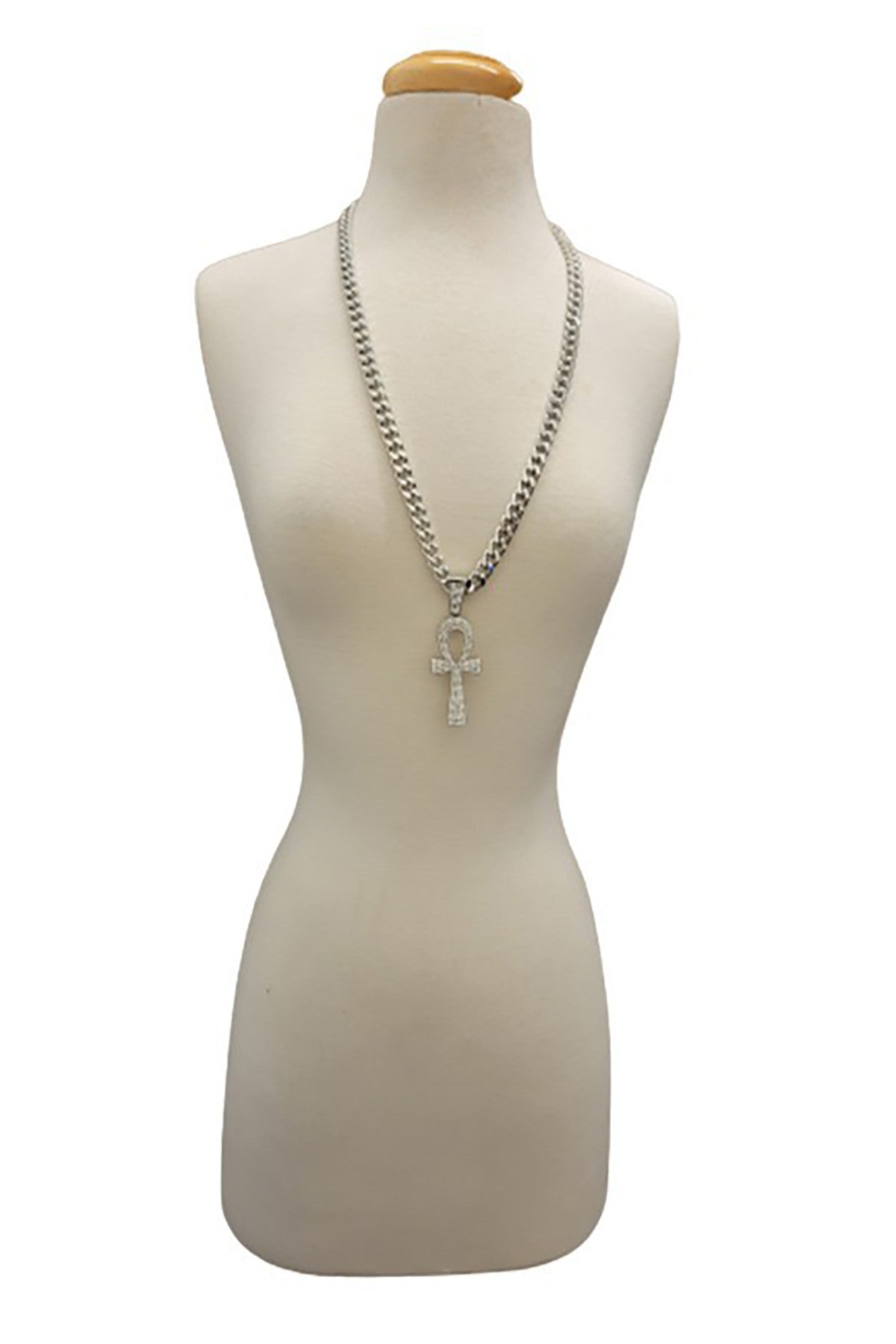 Hip Hop Iced Out Ankh Cross Pendant with a 30-inch Cuban chain, featuring a sparkling design and secure lobster clasp.