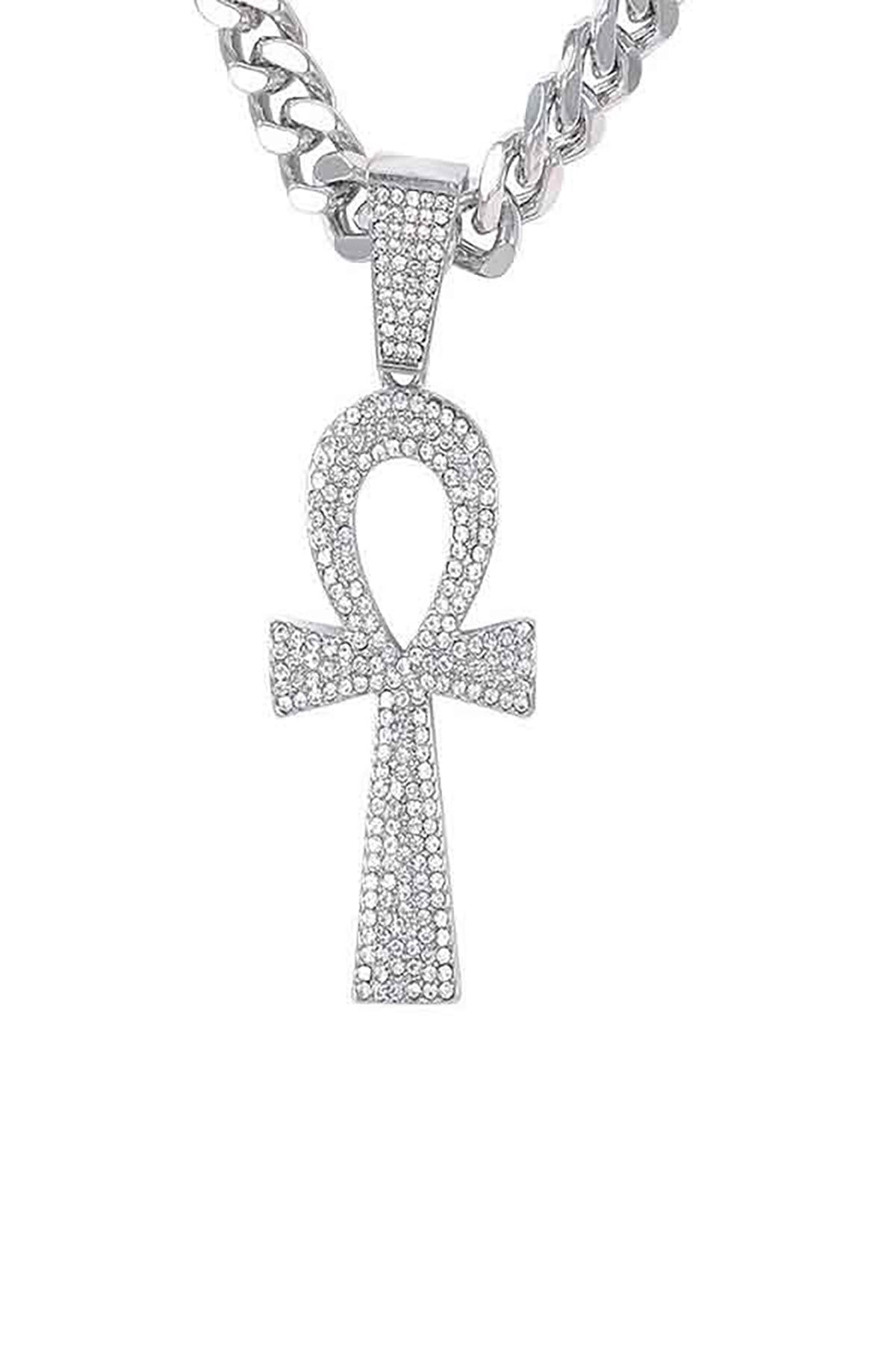 Hip Hop Iced Out Ankh Cross Pendant with a 30-inch Cuban chain, featuring a sparkling design and secure lobster clasp.