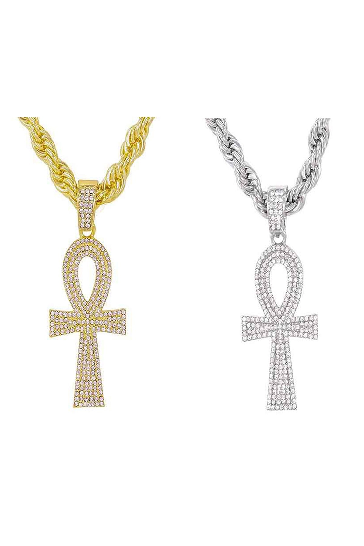 HIP HOP ICED OUT ANKH CROSS PENDANT with a 24-inch ROPE CHAIN, featuring an iced-out design and lead/nickel-free materials.