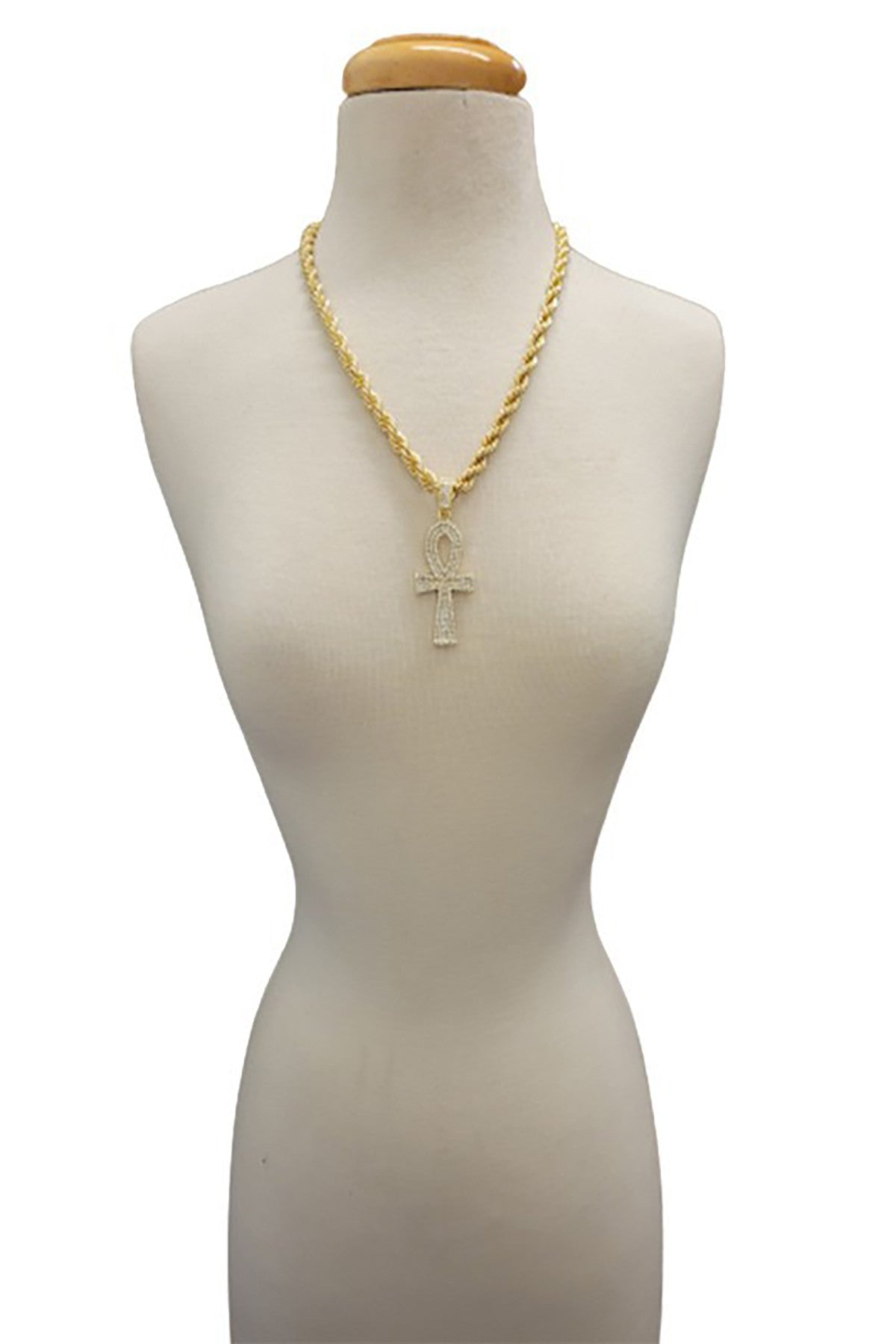 HIP HOP ICED OUT ANKH CROSS PENDANT with a 24-inch ROPE CHAIN, featuring an iced-out design and lead/nickel-free materials.