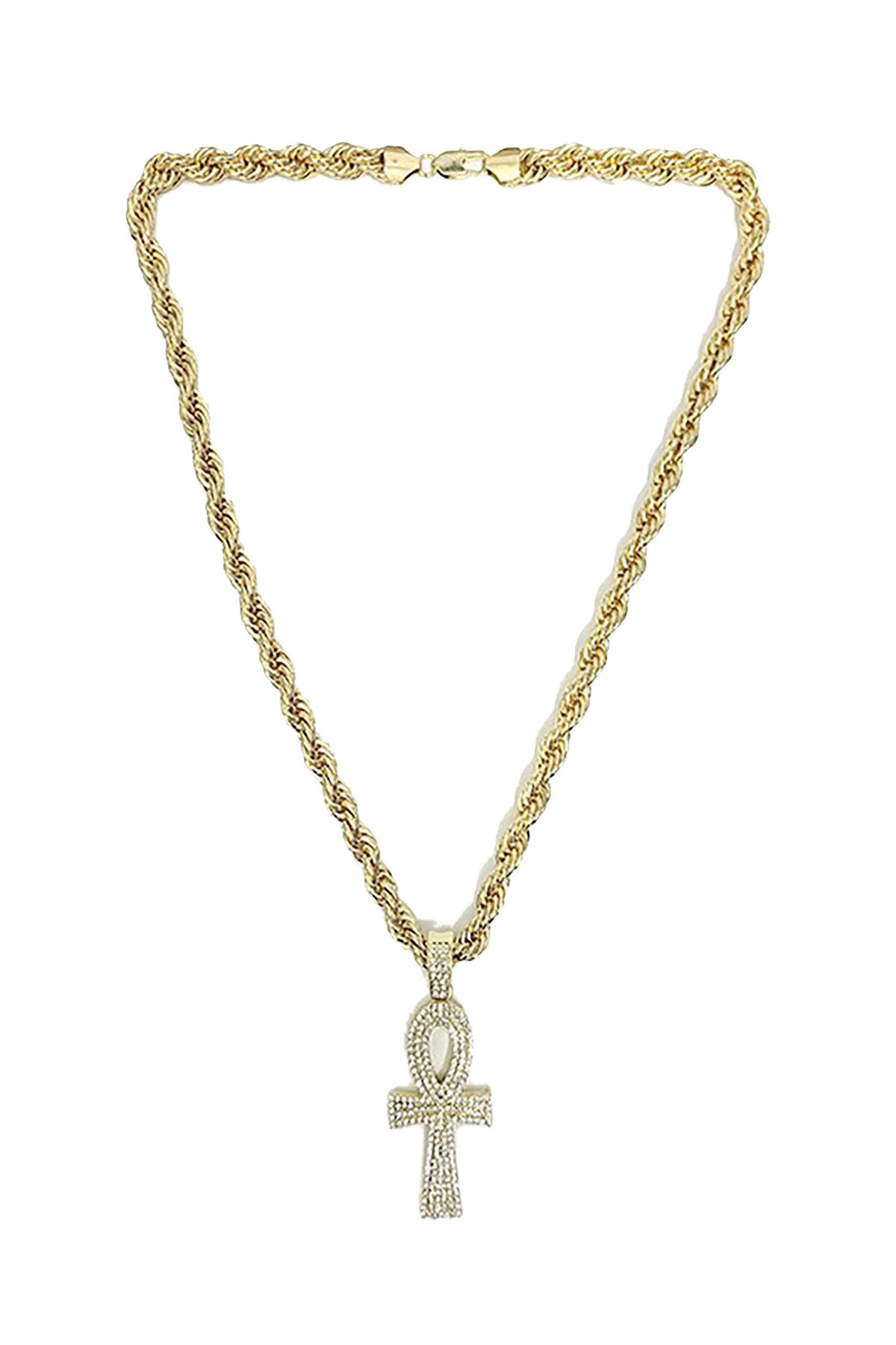 HIP HOP ICED OUT ANKH CROSS PENDANT with a 24-inch ROPE CHAIN, featuring an iced-out design and lead/nickel-free materials.