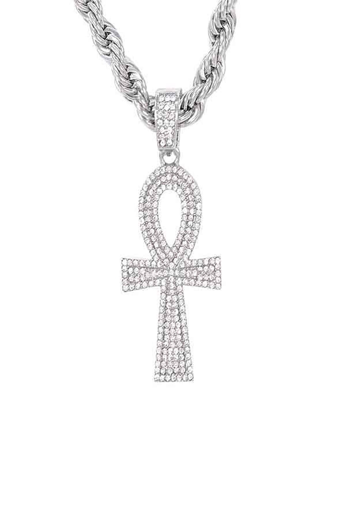 HIP HOP ICED OUT ANKH CROSS PENDANT with a 24-inch ROPE CHAIN, featuring an iced-out design and lead/nickel-free materials.