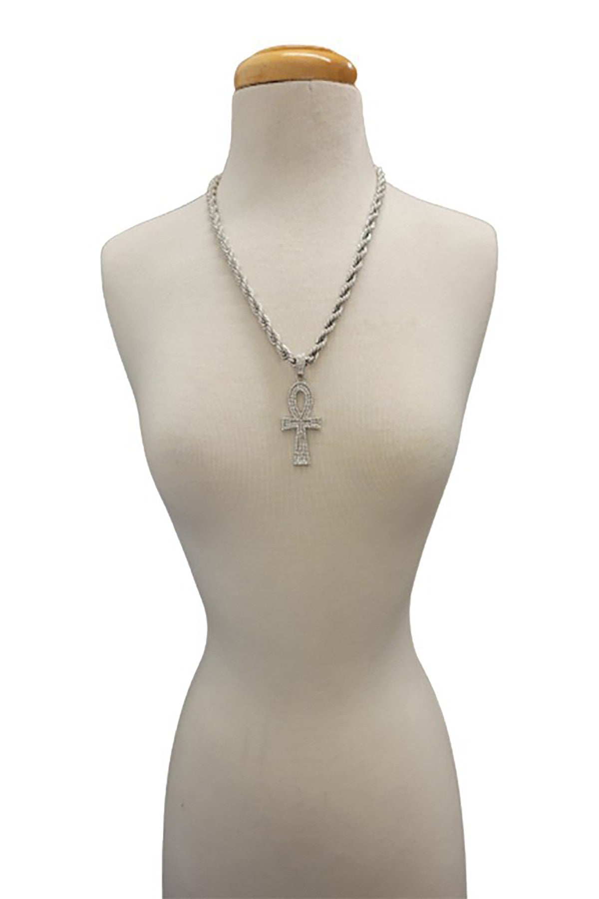 HIP HOP ICED OUT ANKH CROSS PENDANT with a 24-inch ROPE CHAIN, featuring an iced-out design and lead/nickel-free materials.