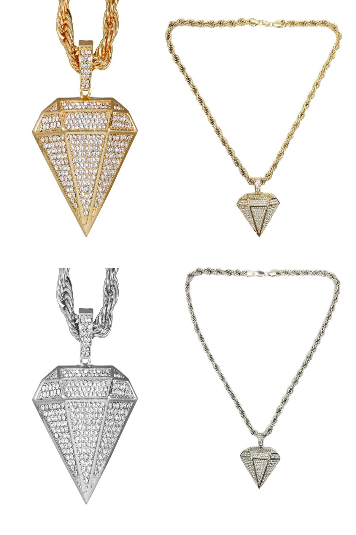 Hip Hop Iced Out Diamond Pendant on a 24-inch Rope Chain, showcasing a stunning iced-out design with a lobster clasp.