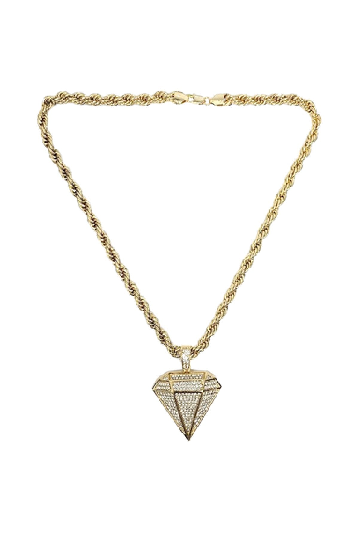 Hip Hop Iced Out Diamond Pendant on a 24-inch Rope Chain, showcasing a stunning iced-out design with a lobster clasp.