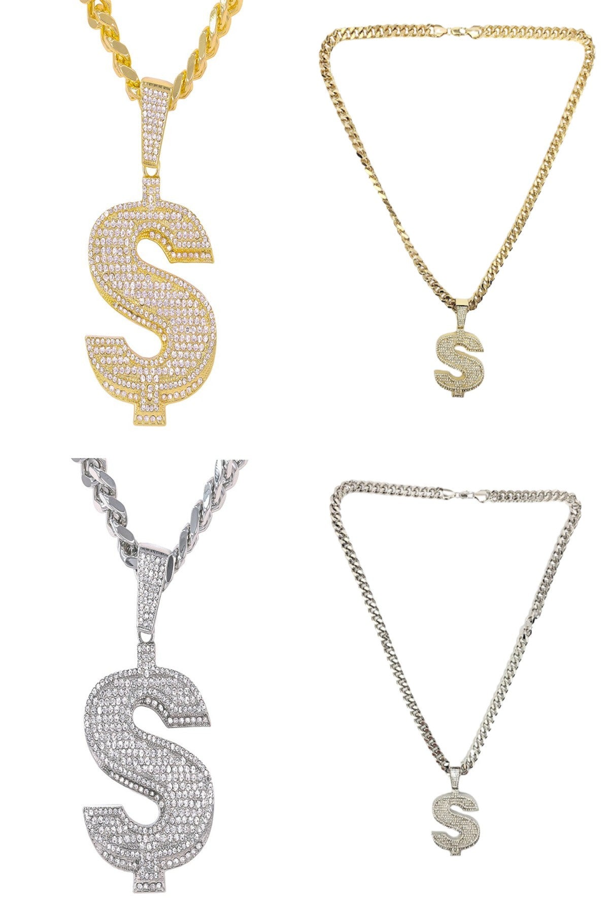 Hip Hop Iced Out Dollar Pendant with a 30-inch Cuban Chain, featuring a sparkling dollar sign design and sturdy lobster clasp.