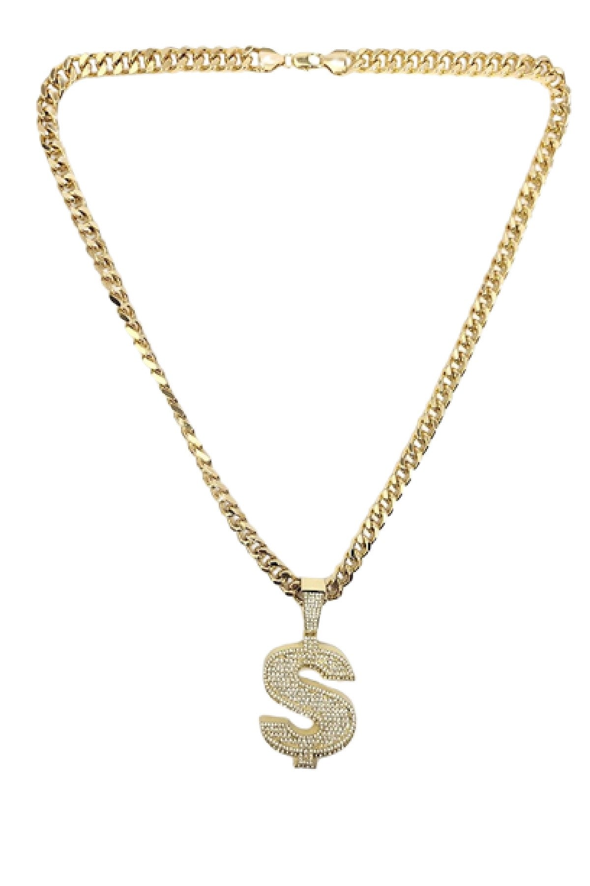 Hip Hop Iced Out Dollar Pendant with a 30-inch Cuban Chain, featuring a sparkling dollar sign design and sturdy lobster clasp.