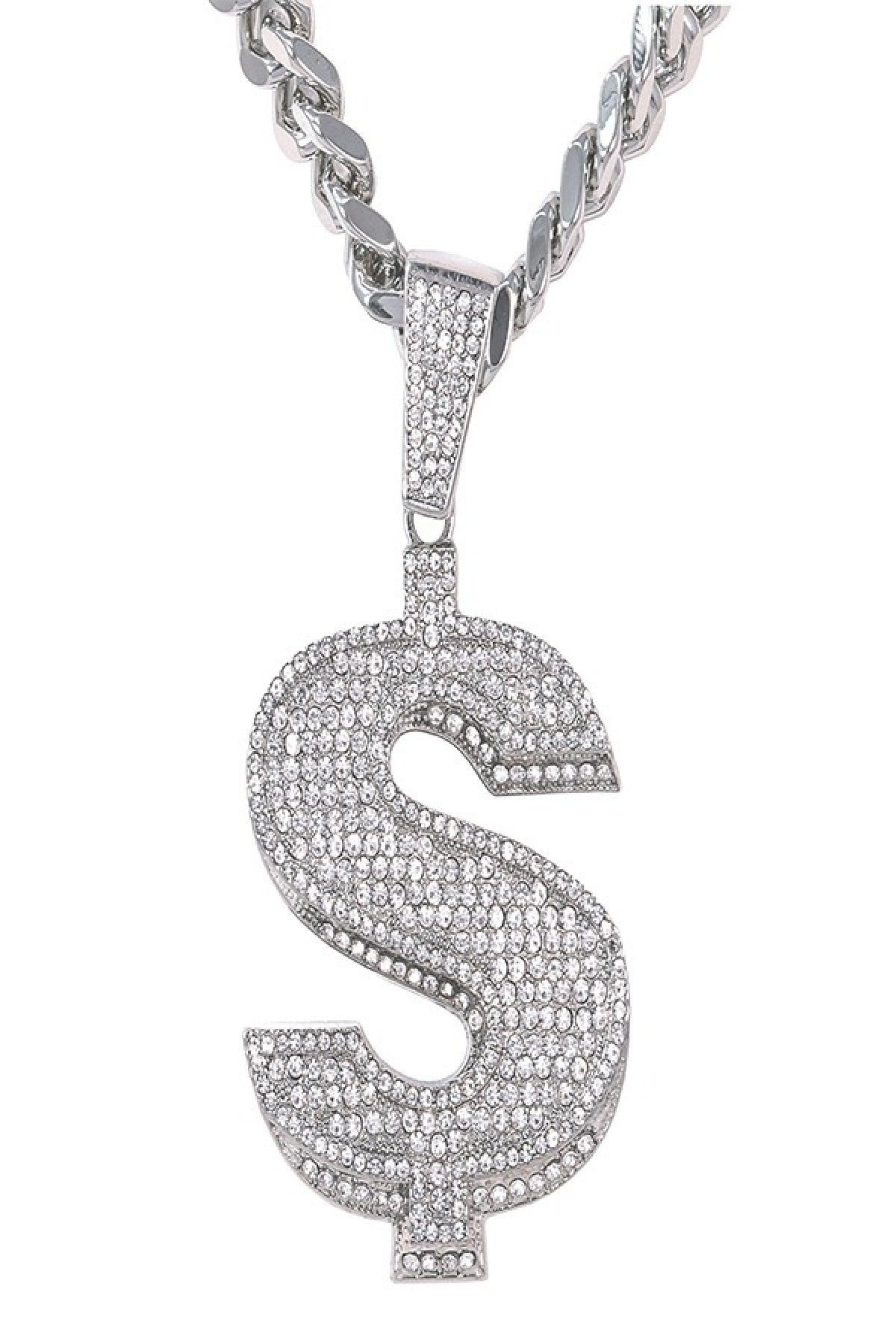 Hip Hop Iced Out Dollar Pendant with a 30-inch Cuban Chain, featuring a sparkling dollar sign design and sturdy lobster clasp.