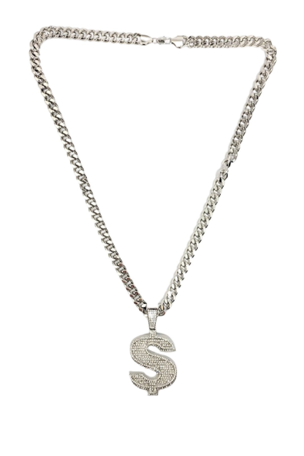 Hip Hop Iced Out Dollar Pendant with a 30-inch Cuban Chain, featuring a sparkling dollar sign design and sturdy lobster clasp.