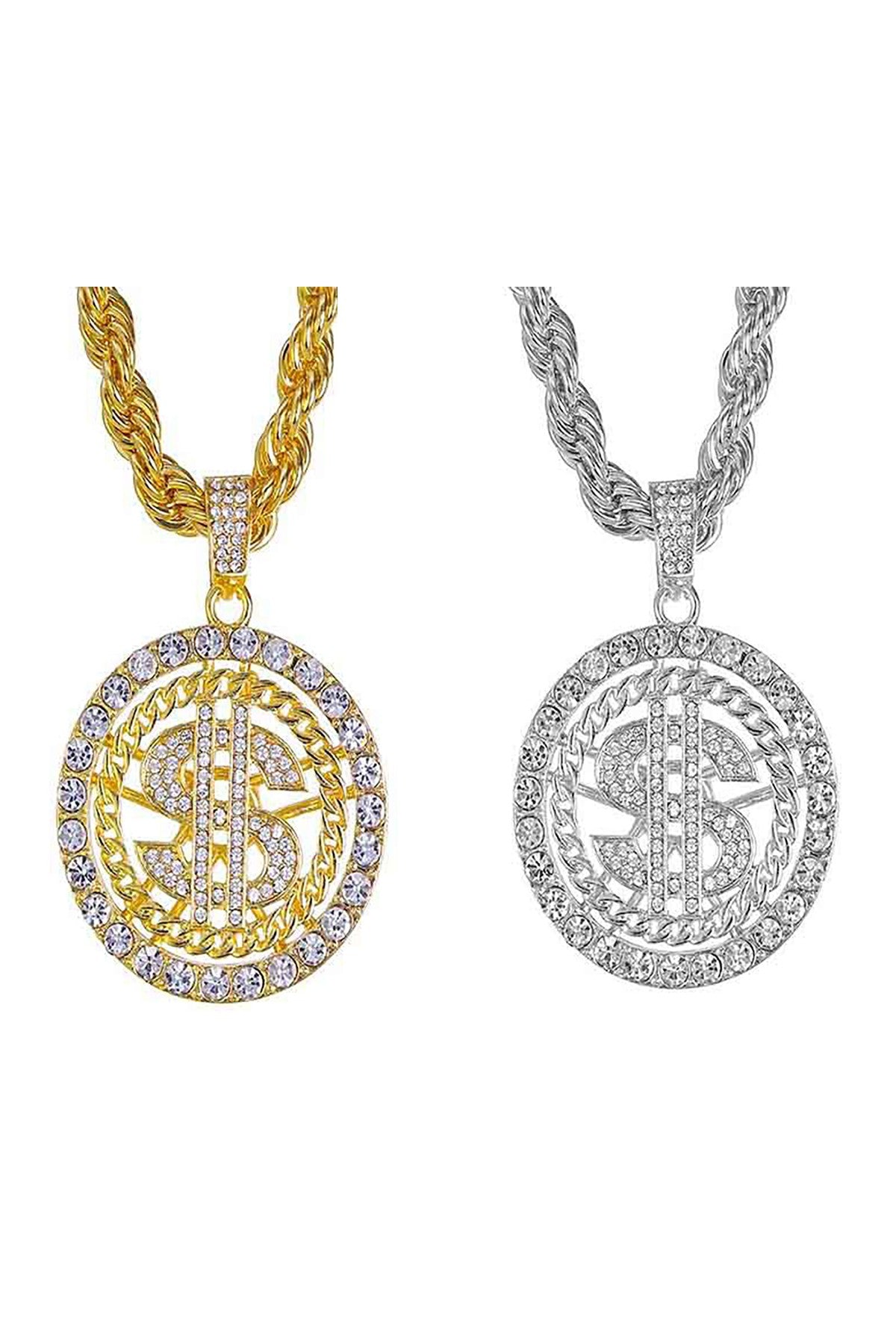 A stunning iced out dollar sign pendant on a 24-inch rope chain, showcasing intricate details and a bold design.