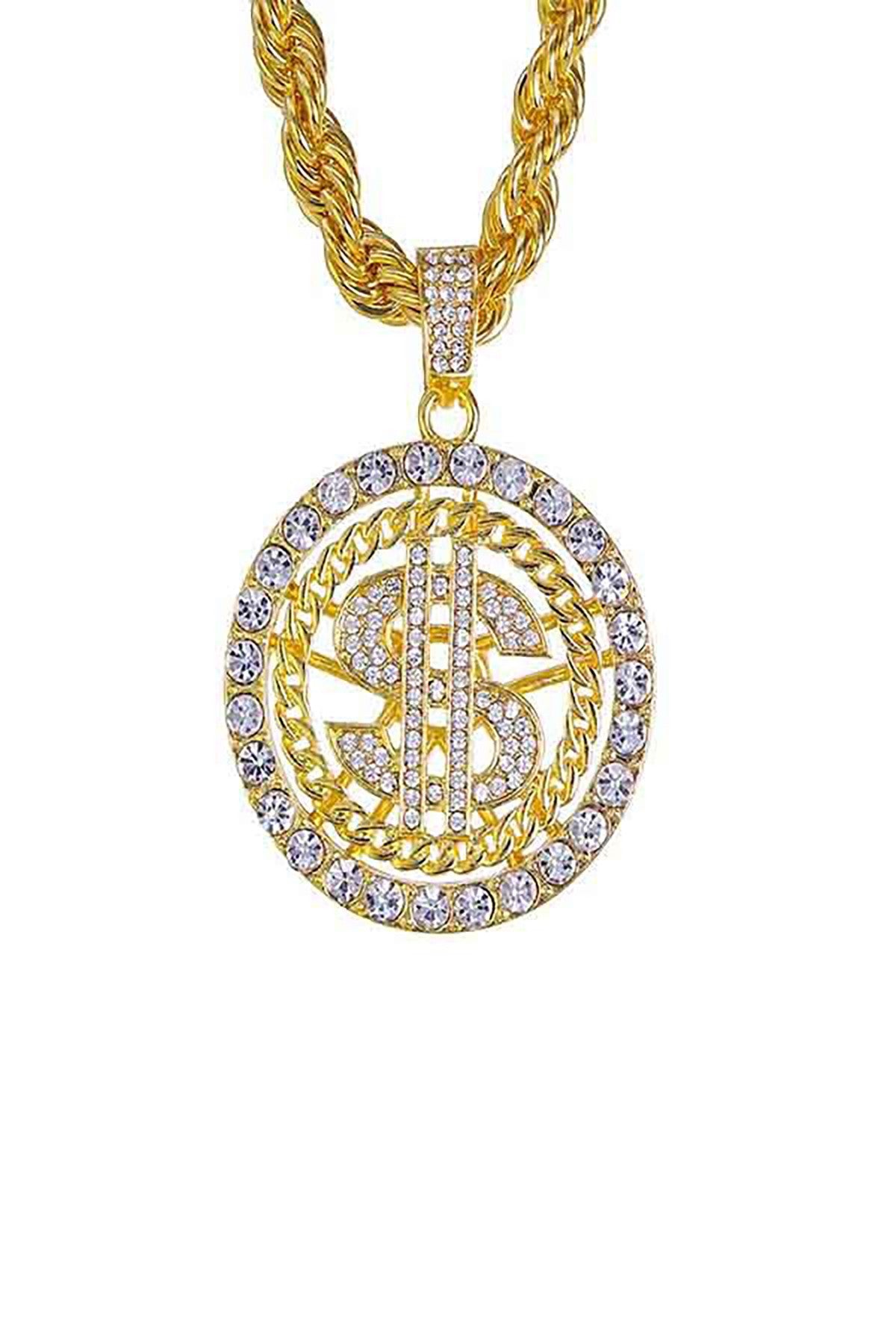 A stunning iced out dollar sign pendant on a 24-inch rope chain, showcasing intricate details and a bold design.