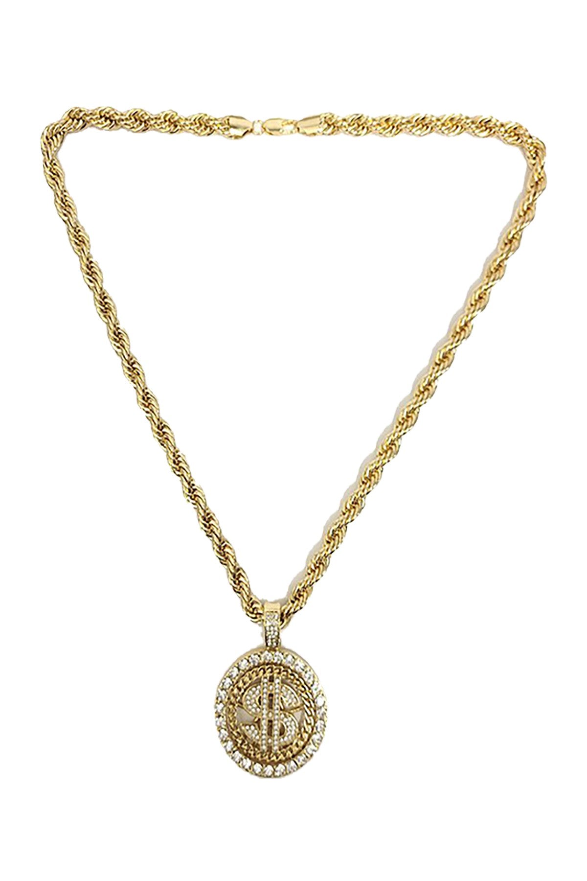 A stunning iced out dollar sign pendant on a 24-inch rope chain, showcasing intricate details and a bold design.