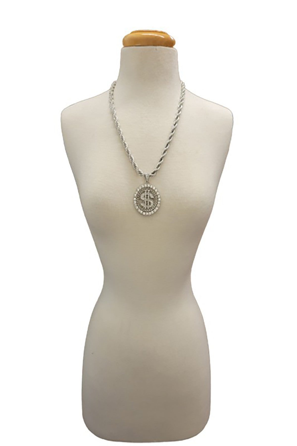 A stunning iced out dollar sign pendant on a 24-inch rope chain, showcasing intricate details and a bold design.