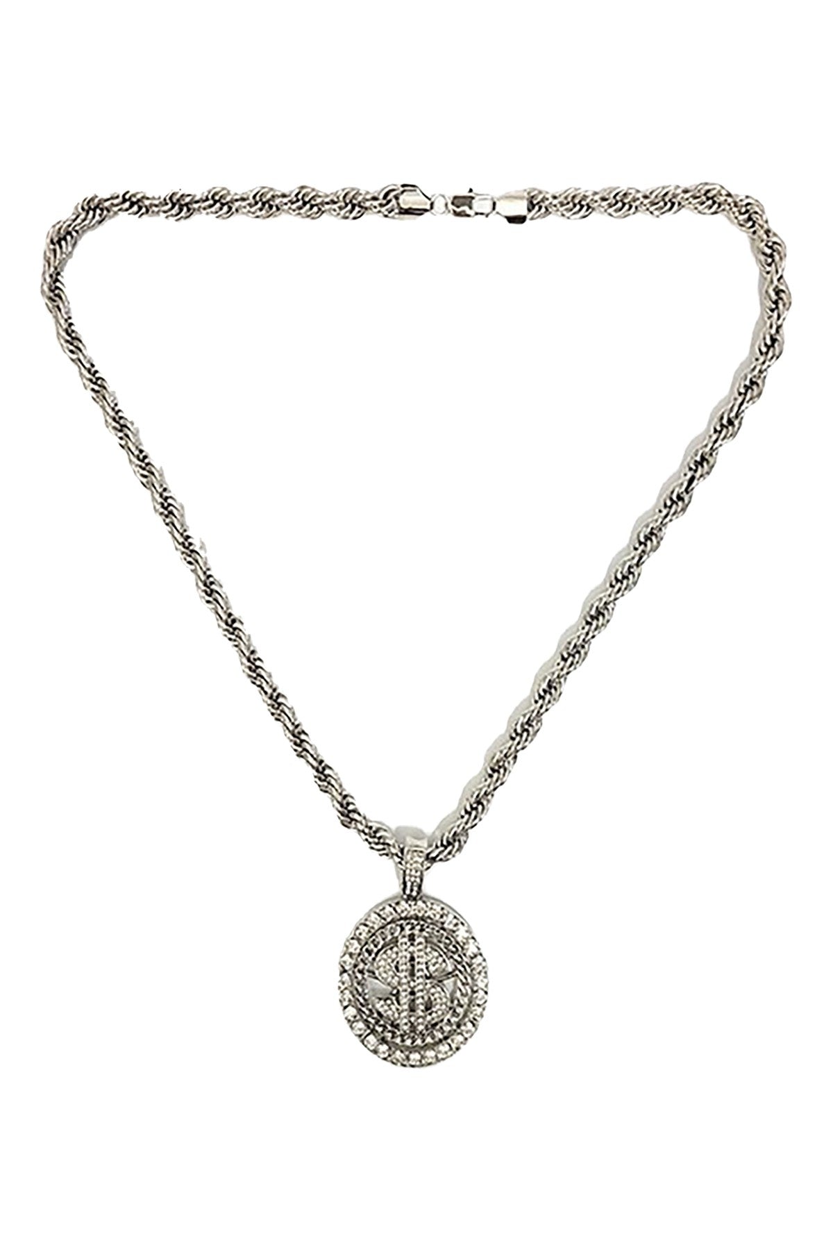 A stunning iced out dollar sign pendant on a 24-inch rope chain, showcasing intricate details and a bold design.