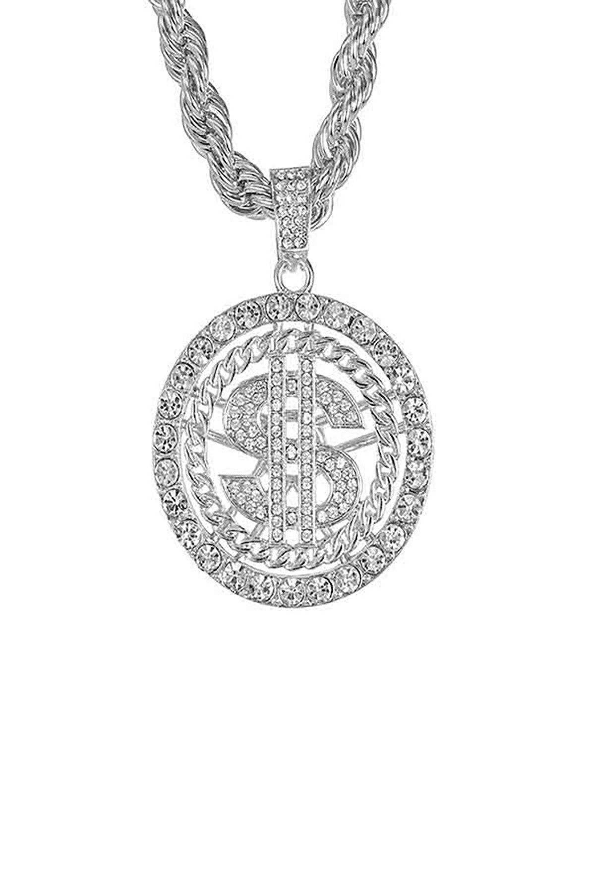 A stunning iced out dollar sign pendant on a 24-inch rope chain, showcasing intricate details and a bold design.