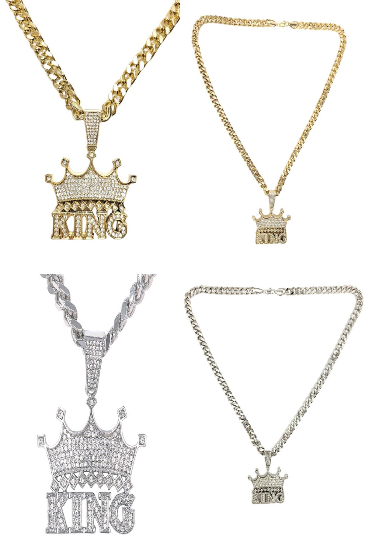 A stylish iced out king pendant on a 30-inch Cuban chain, showcasing intricate details and a secure lobster clasp.