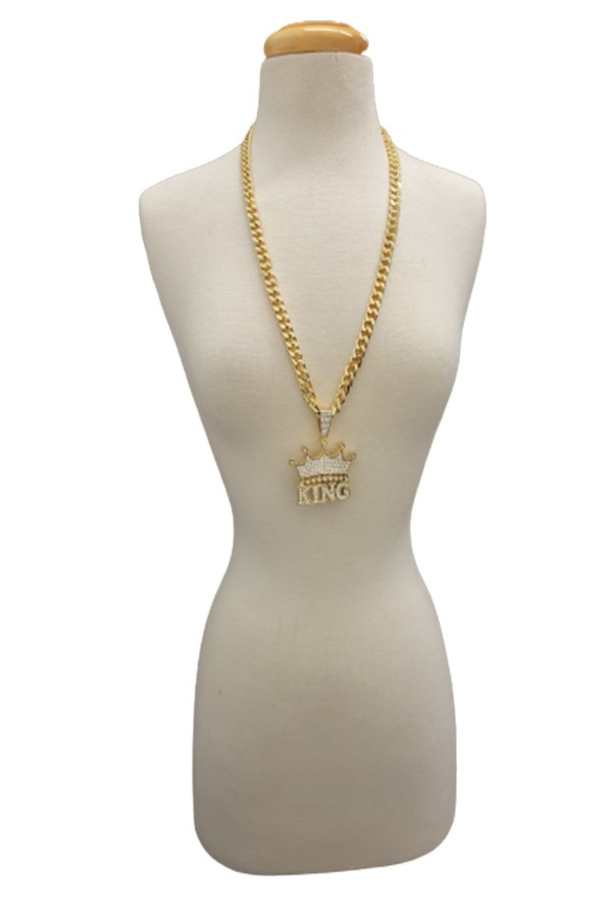 A stylish iced out king pendant on a 30-inch Cuban chain, showcasing intricate details and a secure lobster clasp.