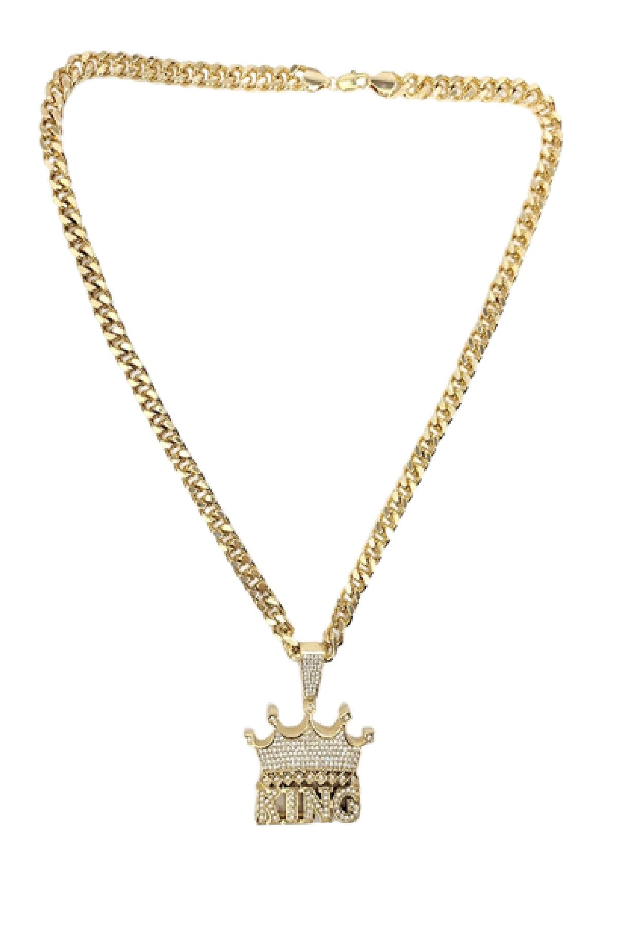 A stylish iced out king pendant on a 30-inch Cuban chain, showcasing intricate details and a secure lobster clasp.