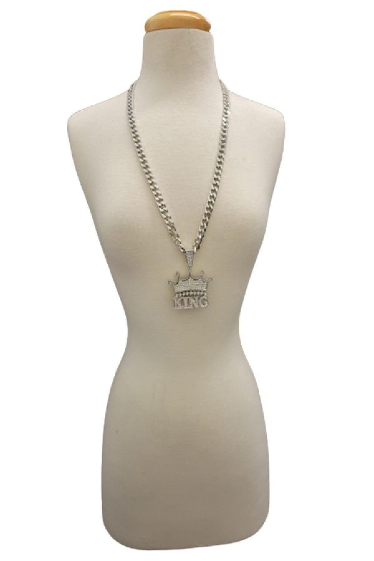 A stylish iced out king pendant on a 30-inch Cuban chain, showcasing intricate details and a secure lobster clasp.