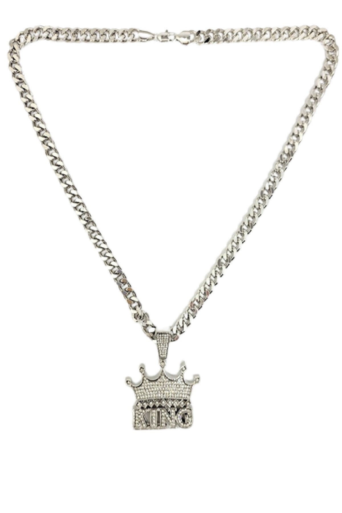 A stylish iced out king pendant on a 30-inch Cuban chain, showcasing intricate details and a secure lobster clasp.