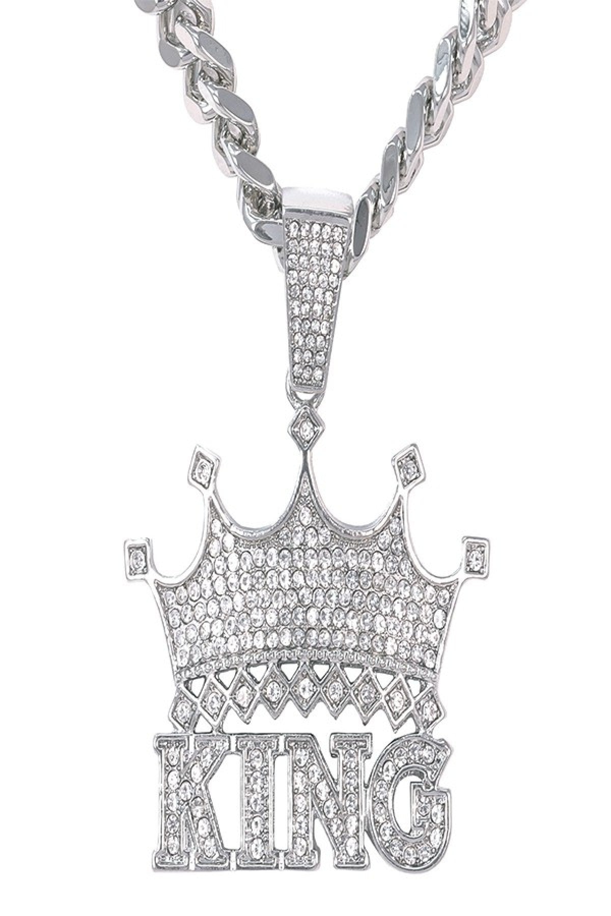 A stylish iced out king pendant on a 30-inch Cuban chain, showcasing intricate details and a secure lobster clasp.