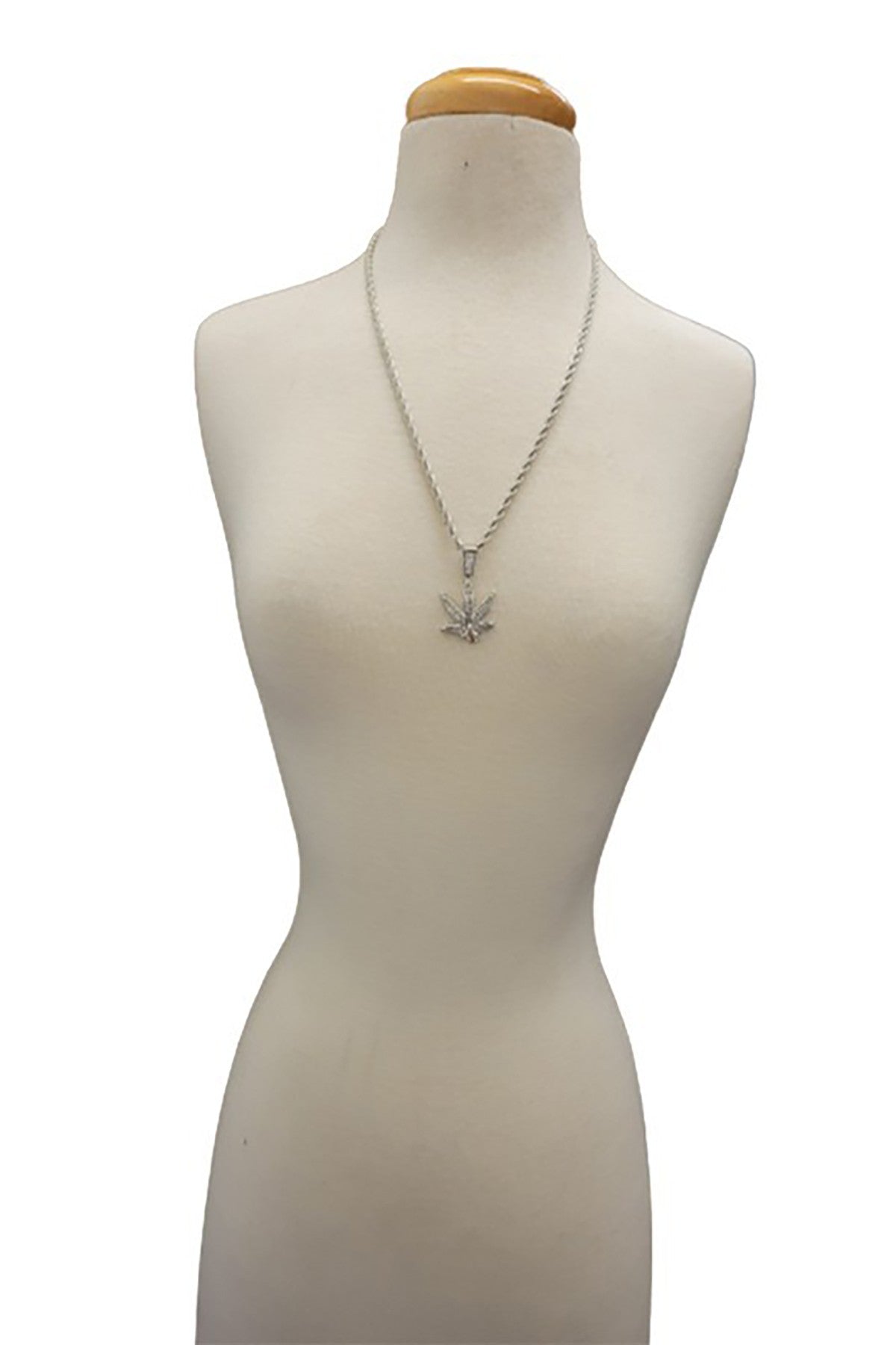 Hip Hop Iced Out Leaf Pendant Chain with a sparkling leaf design on a 24-inch rope chain, featuring a secure lobster clasp.