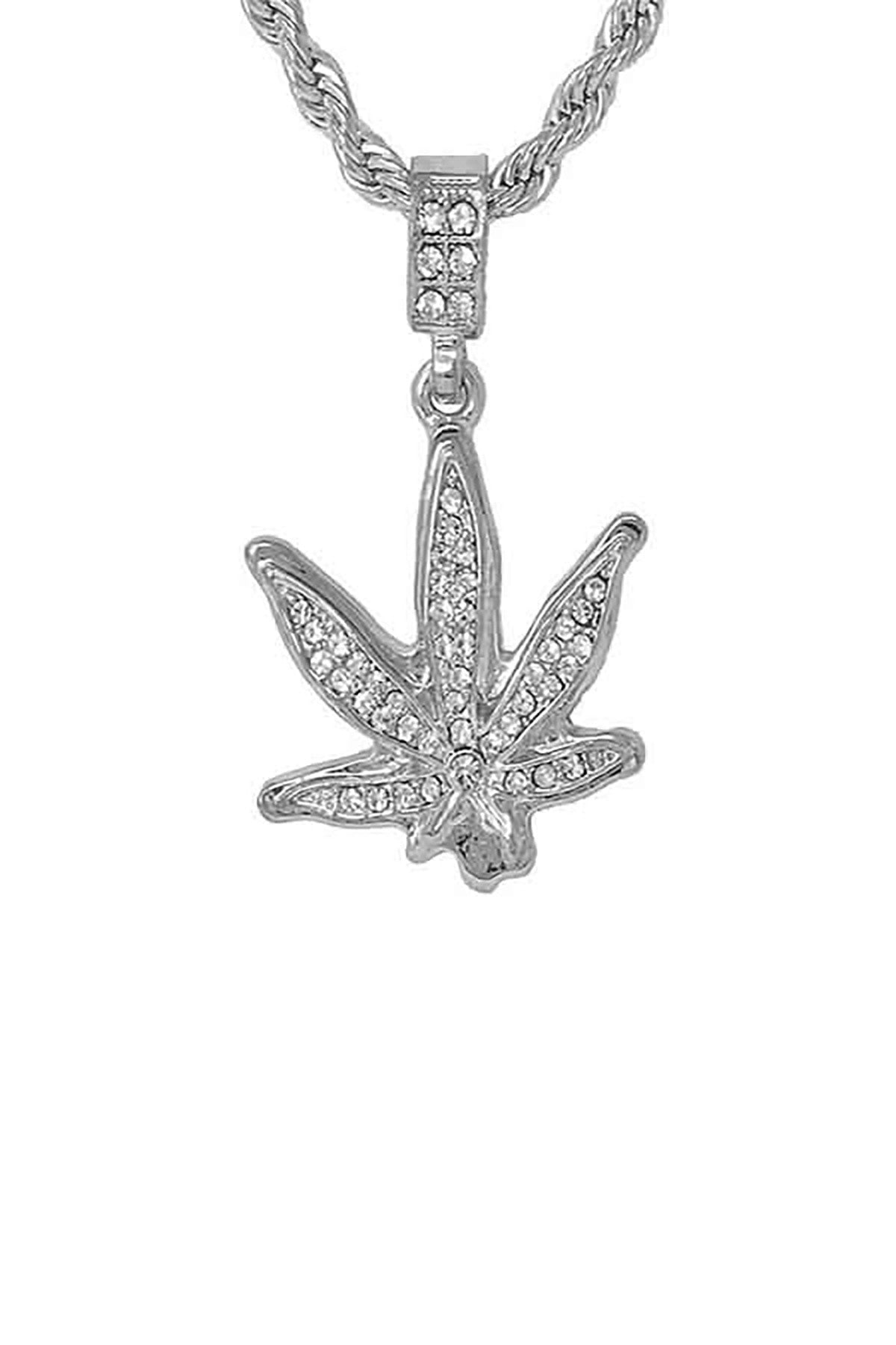 Hip Hop Iced Out Leaf Pendant Chain with a sparkling leaf design on a 24-inch rope chain, featuring a secure lobster clasp.