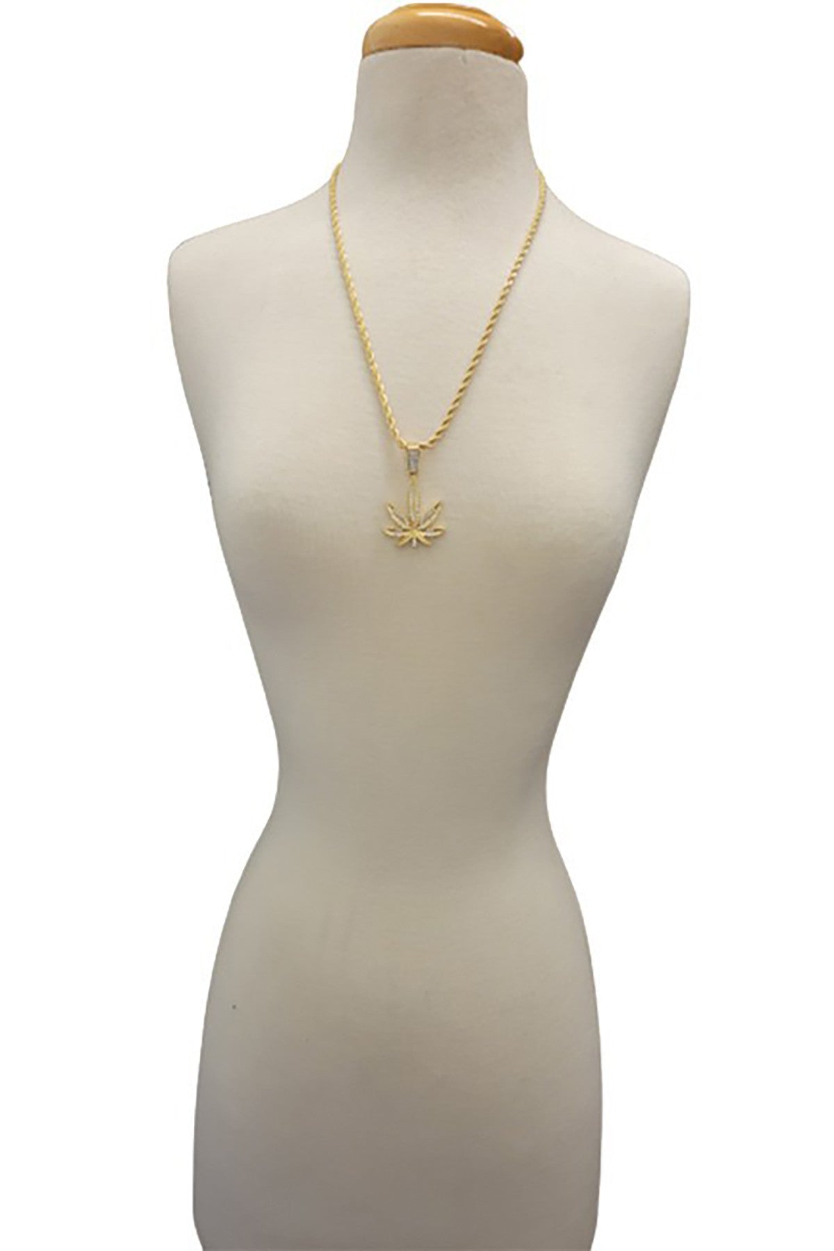 Hip Hop Iced Out Leaf Pendant Chain with 24-inch rope chain and lobster clasp, featuring a sparkling leaf design.