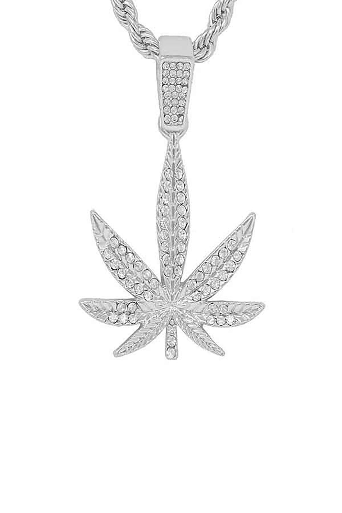 Hip Hop Iced Out Leaf Pendant Chain with 24-inch rope chain and lobster clasp, featuring a sparkling leaf design.