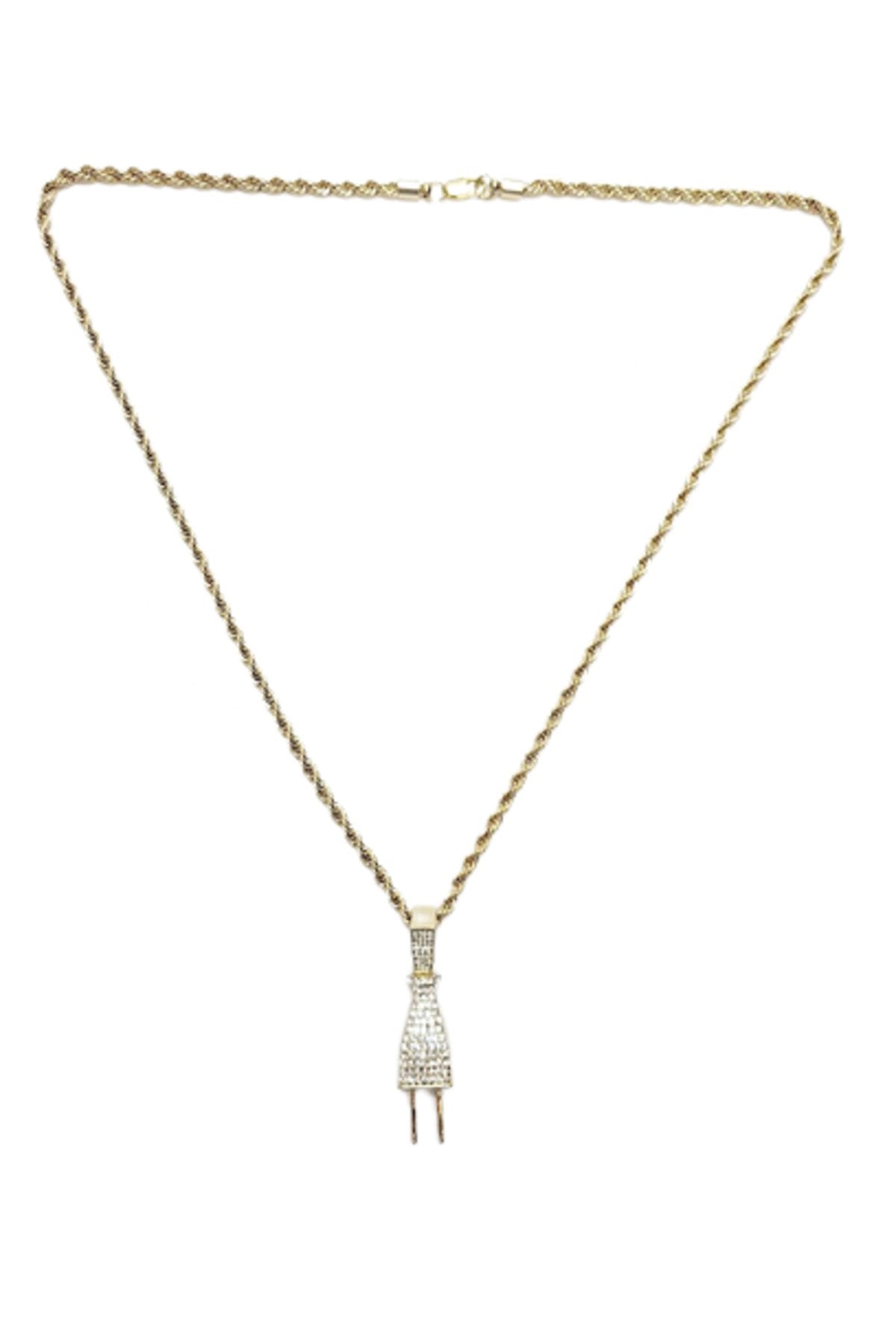 A stylish HIP HOP ICED OUT PLUG PENDANT CHAIN featuring a 2-inch iced-out plug pendant and a 24-inch rope chain with a lobster clasp.