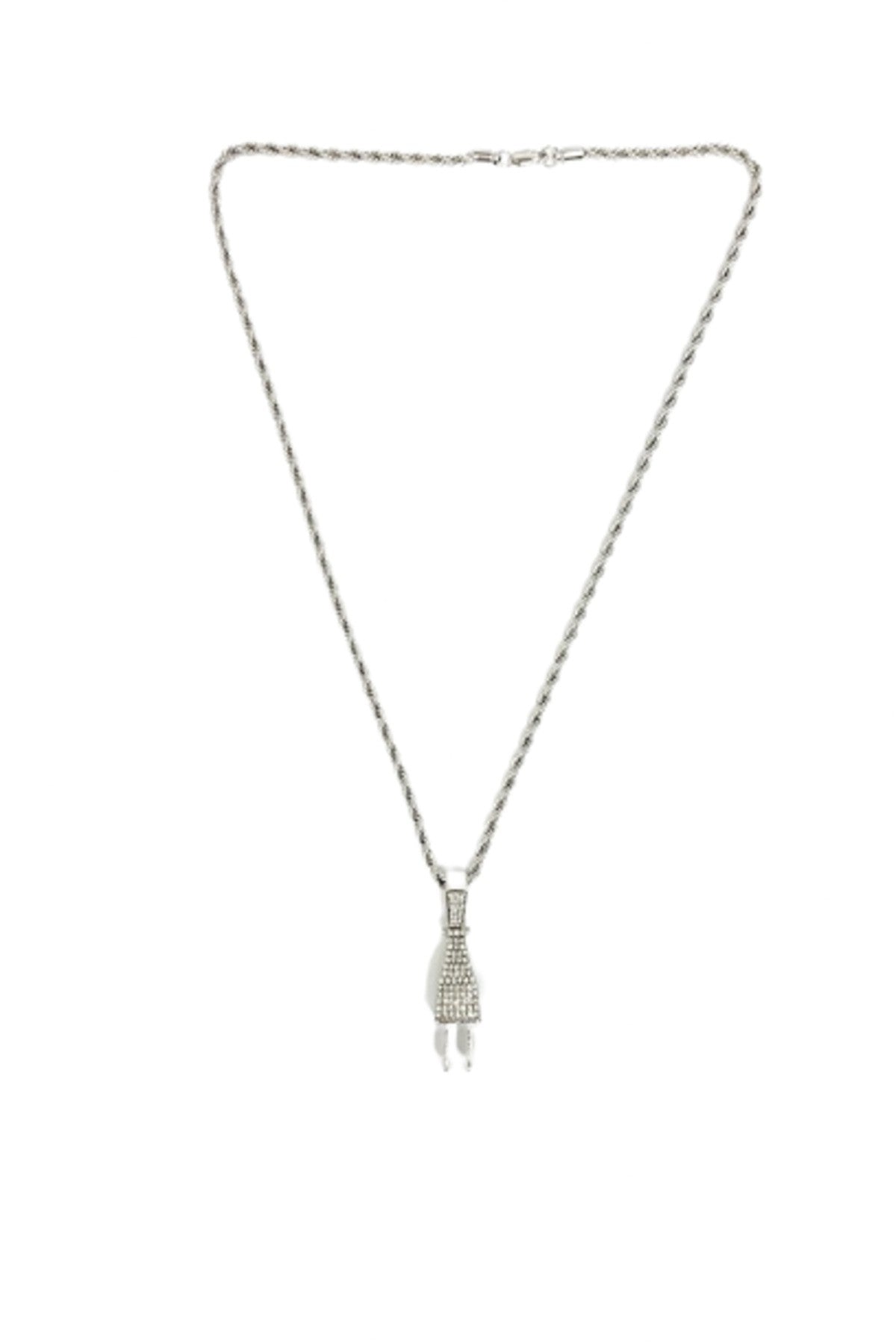 A stylish HIP HOP ICED OUT PLUG PENDANT CHAIN featuring a 2-inch iced-out plug pendant and a 24-inch rope chain with a lobster clasp.