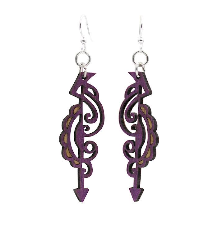 Hippie Filigree Earrings #1138 made from sustainably sourced wood, featuring intricate laser-cut design in purple with silver-finished stainless steel ear wires.