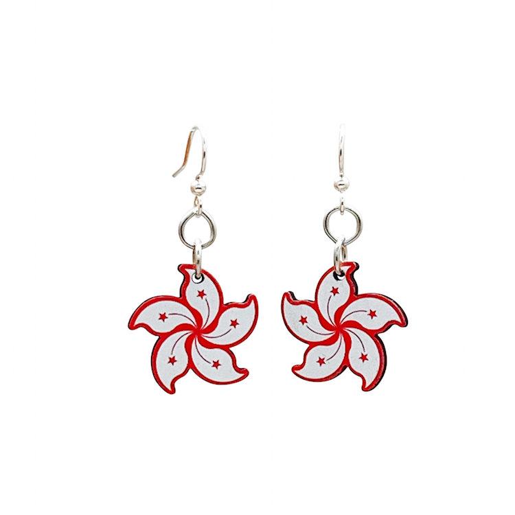 Hong Kong Blossoms earrings featuring a unique design with a natural wood back and silver-finished hypoallergenic ear wires.