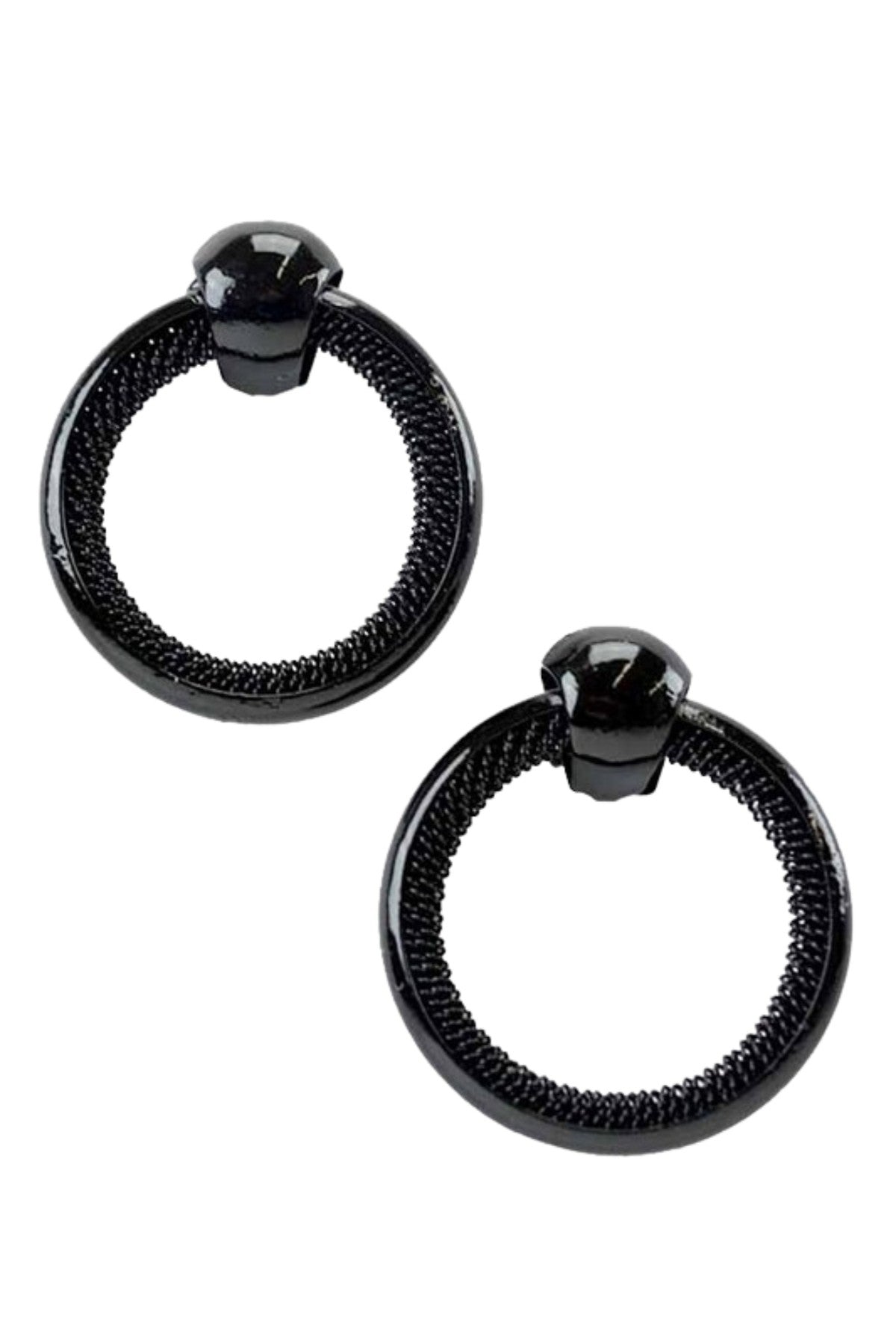 Stylish round hoop earrings with unique textured design, approximately 1.25 inches drop length.