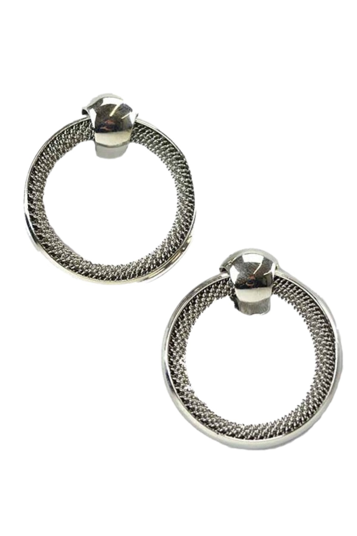 Stylish round hoop earrings with unique textured design, approximately 1.25 inches drop length.