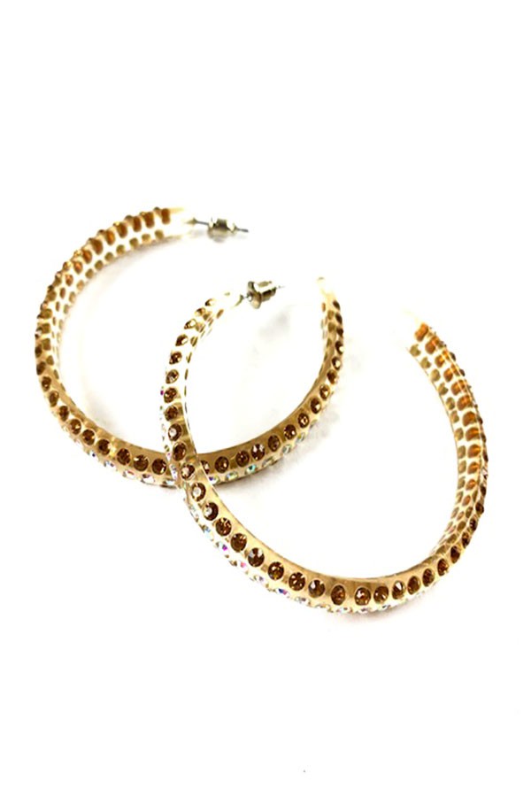 Acrylic clear rhinestone hoop earrings with a diameter of 2.25 inches, featuring a secure post back closure.