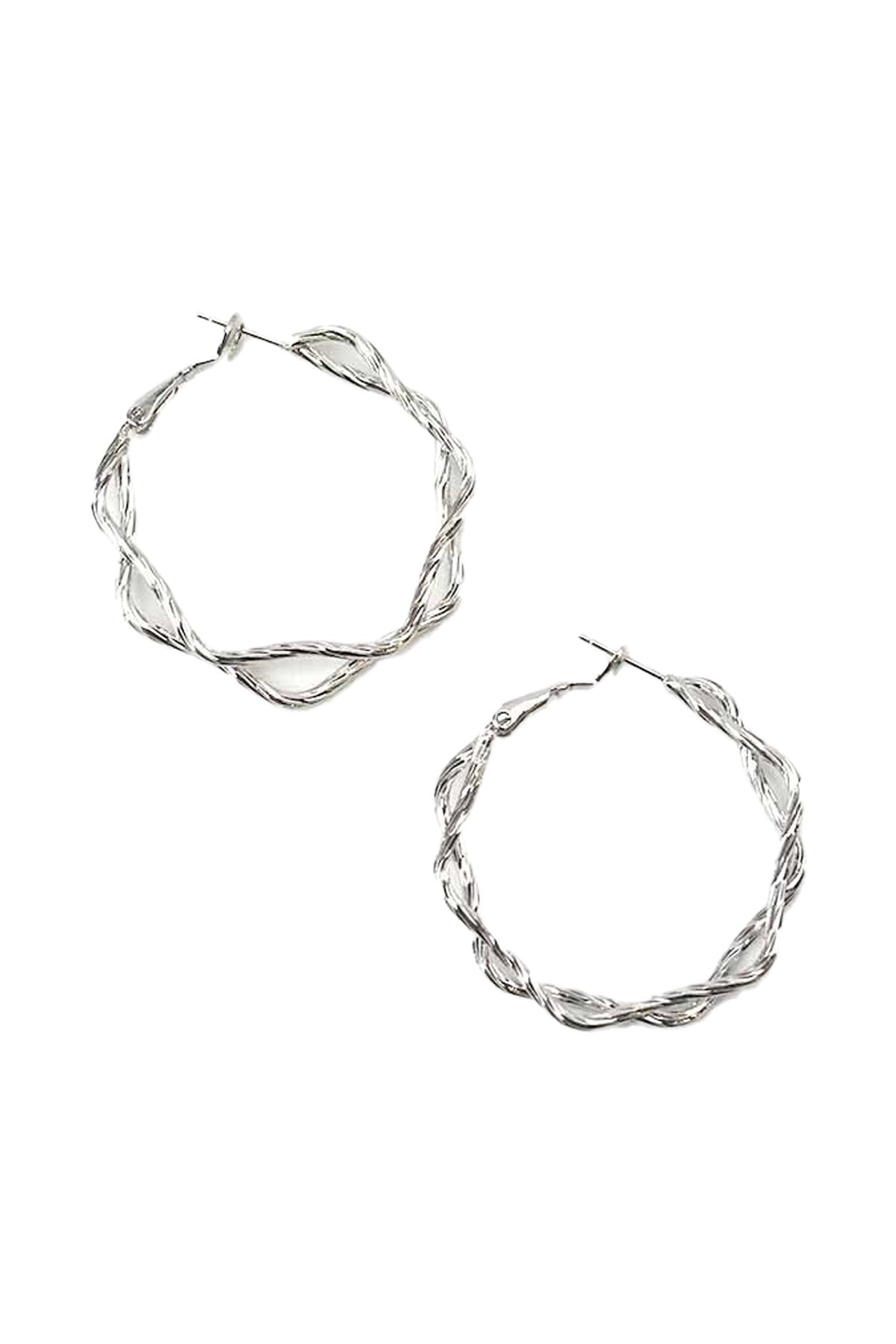 Stylish textured twist hoop earrings with a latch back closure, showcasing a unique design and approximately 1.6-inch drop.