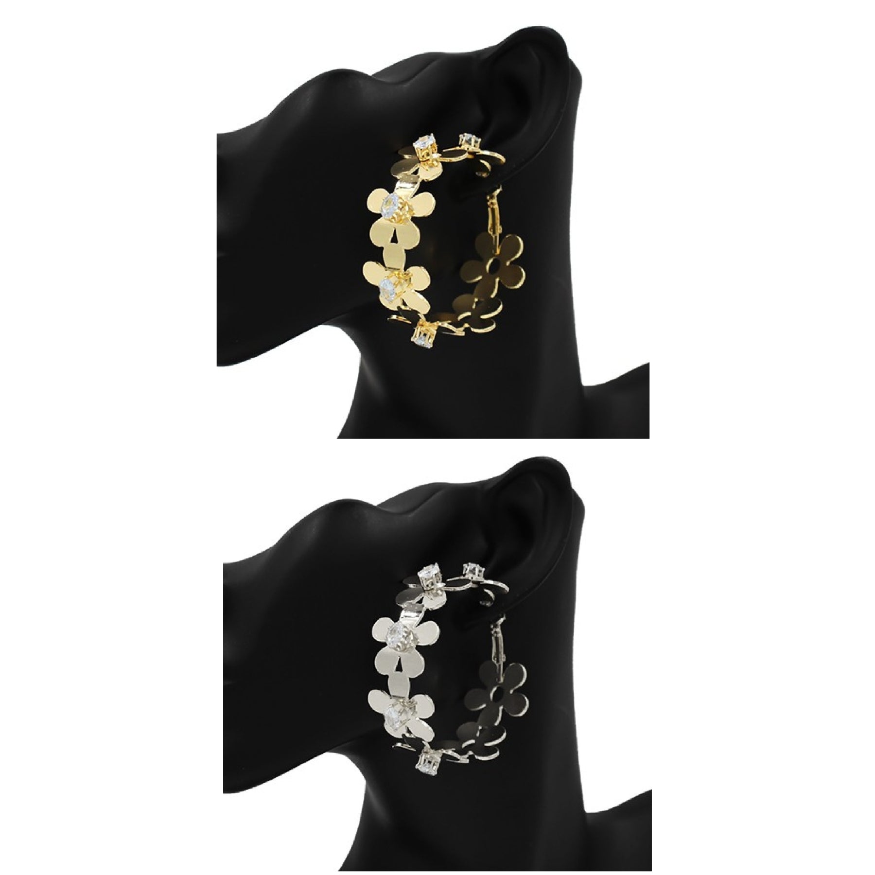 Elegant hoop earrings featuring linked flowers and sparkling stones, showcasing a stylish design.