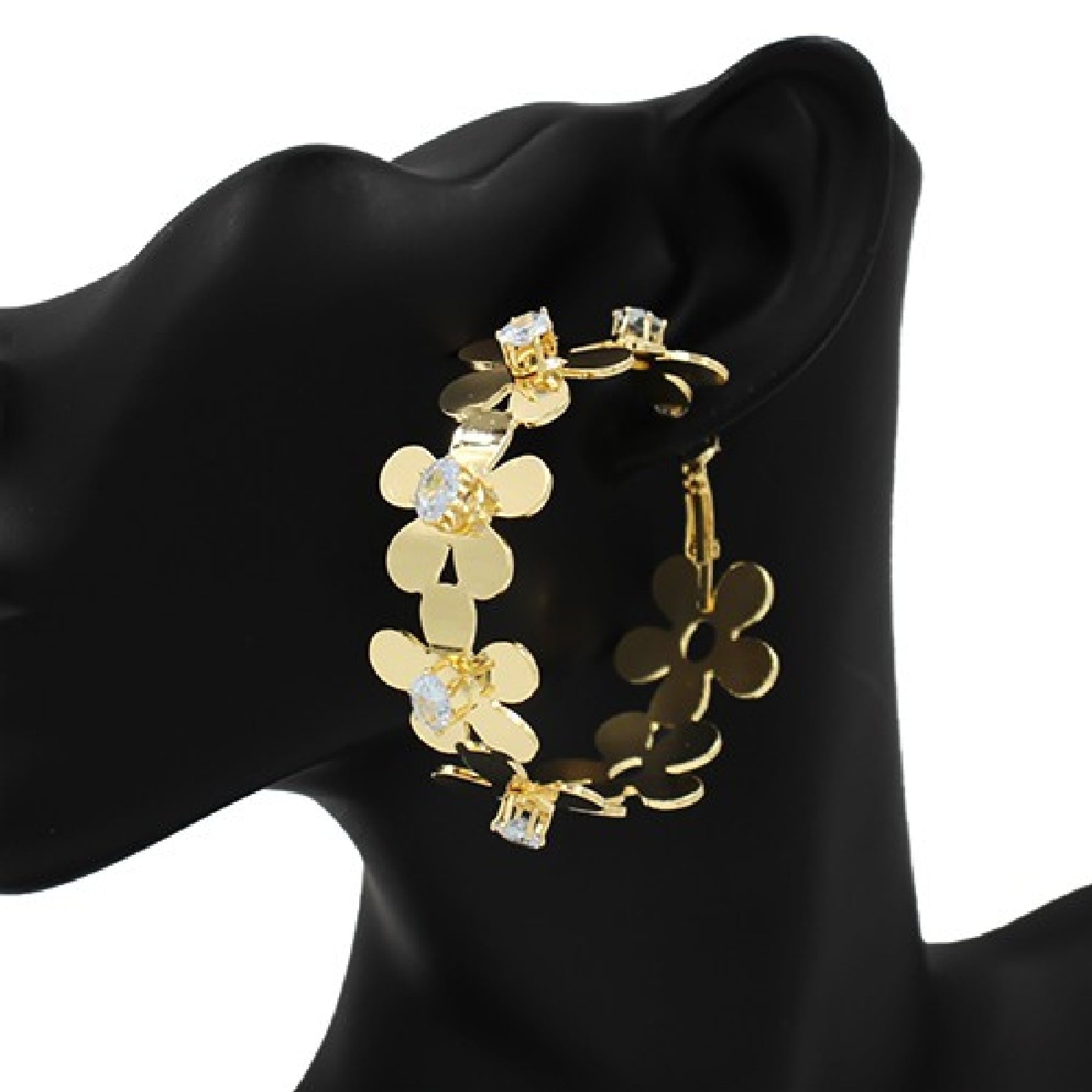 Elegant hoop earrings featuring linked flowers and sparkling stones, showcasing a stylish design.