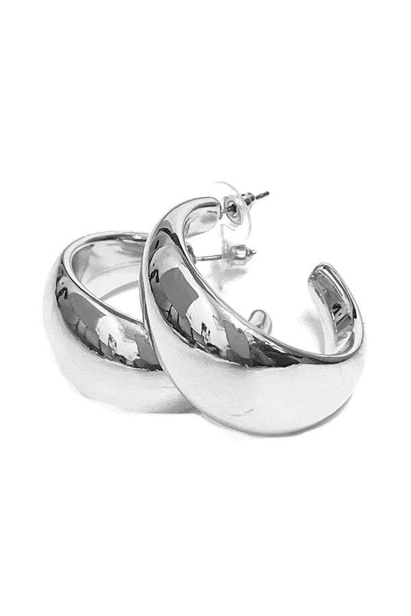 Elegant shiny metal hoop earrings with a 1.5-inch diameter and secure post back closure, perfect for any occasion.