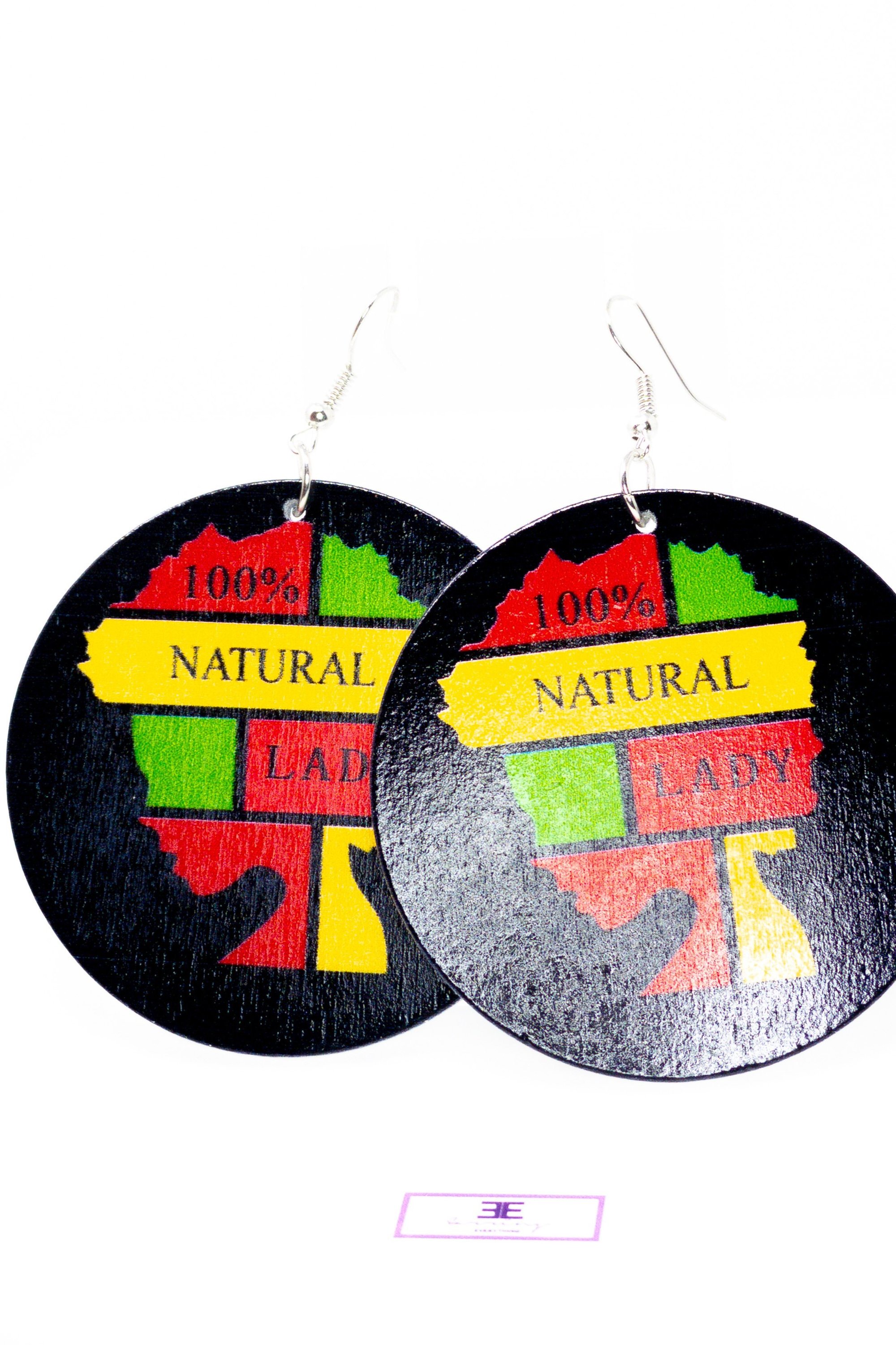 A pair of 100% natural wooden hoop drop earrings in vibrant colors, showcasing a unique front and back print design.