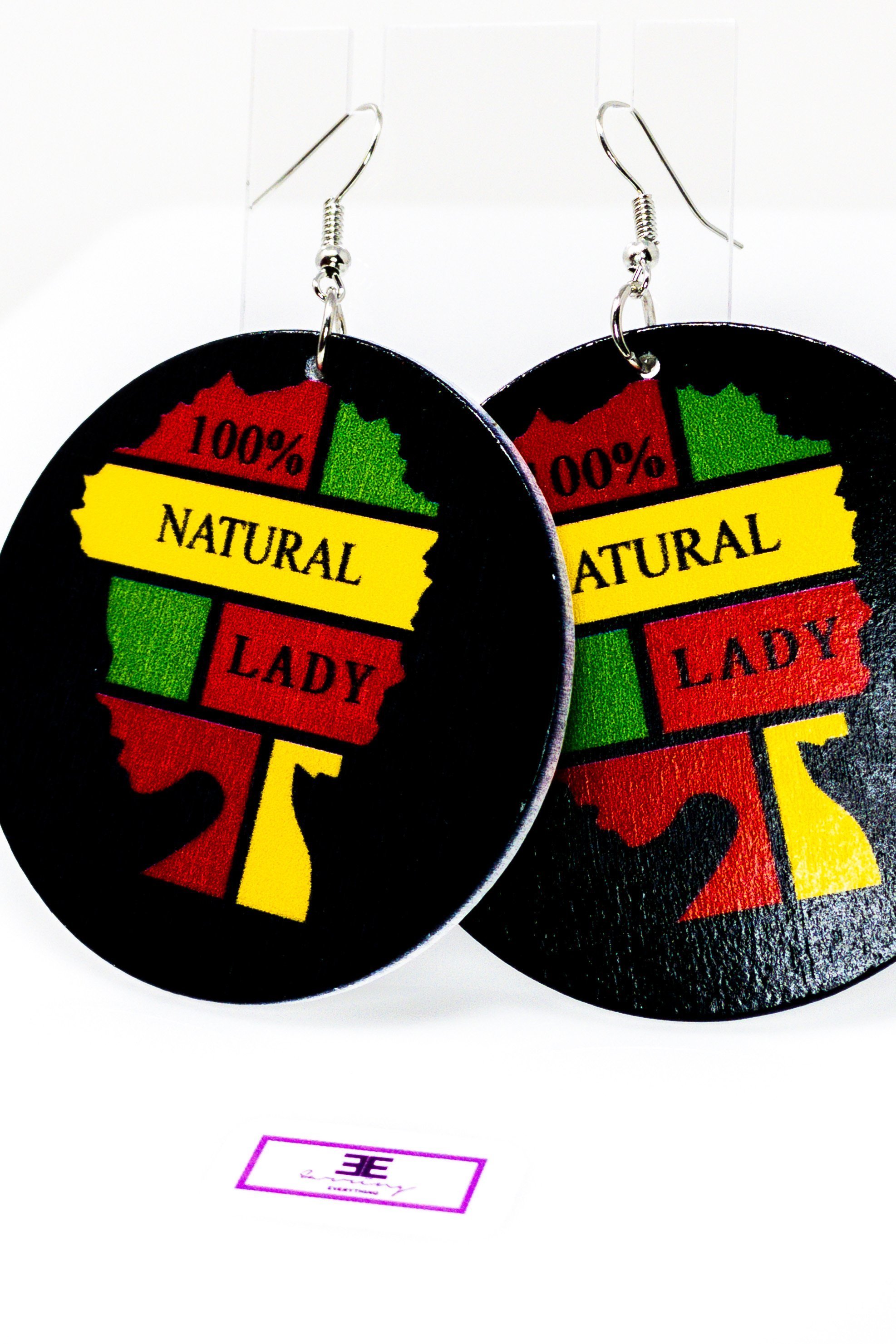 A pair of 100% natural wooden hoop drop earrings in vibrant colors, showcasing a unique front and back print design.