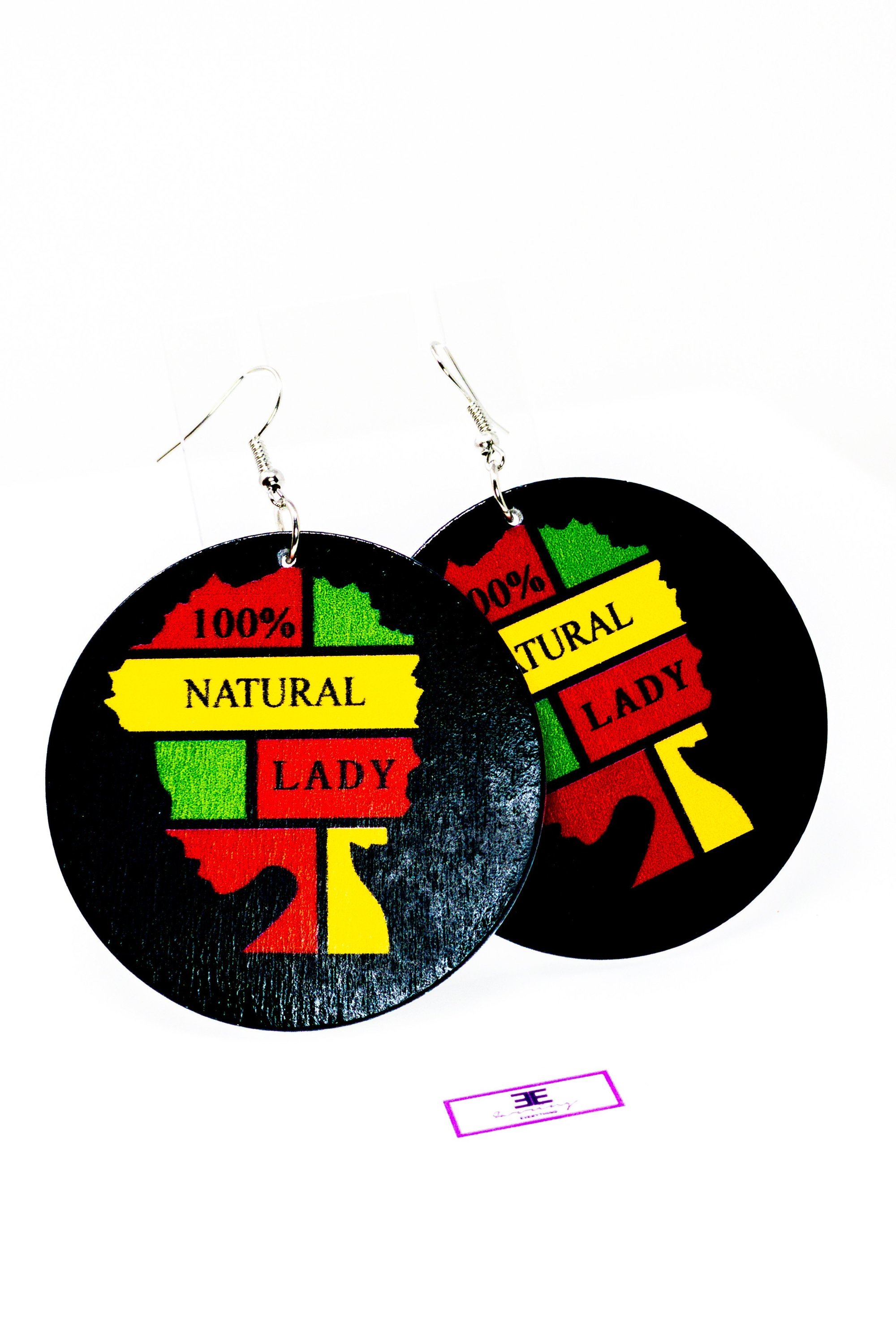 A pair of 100% natural wooden hoop drop earrings in vibrant colors, showcasing a unique front and back print design.