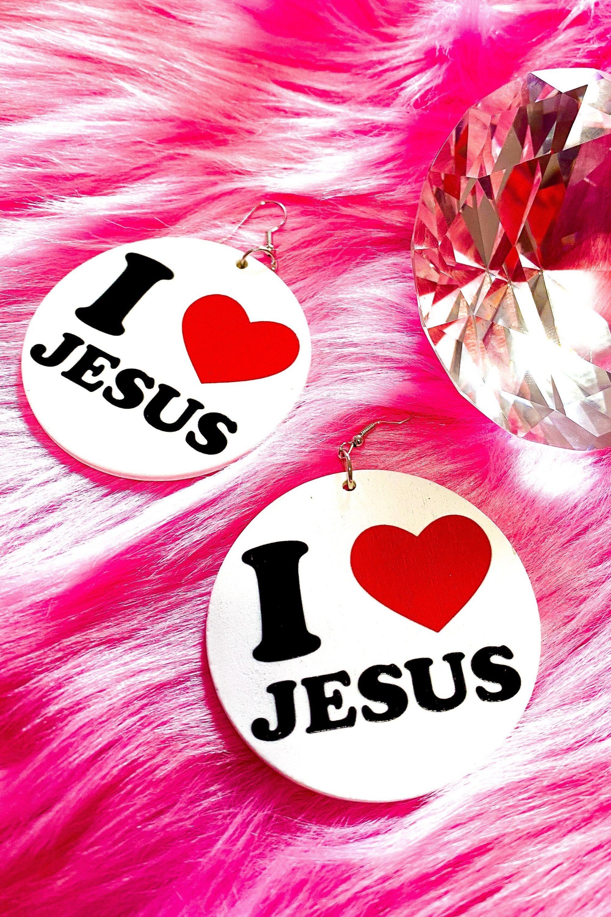 Hoops - I Love Jesus earrings featuring a stylish wood design with a cultural print, perfect for casual wear.