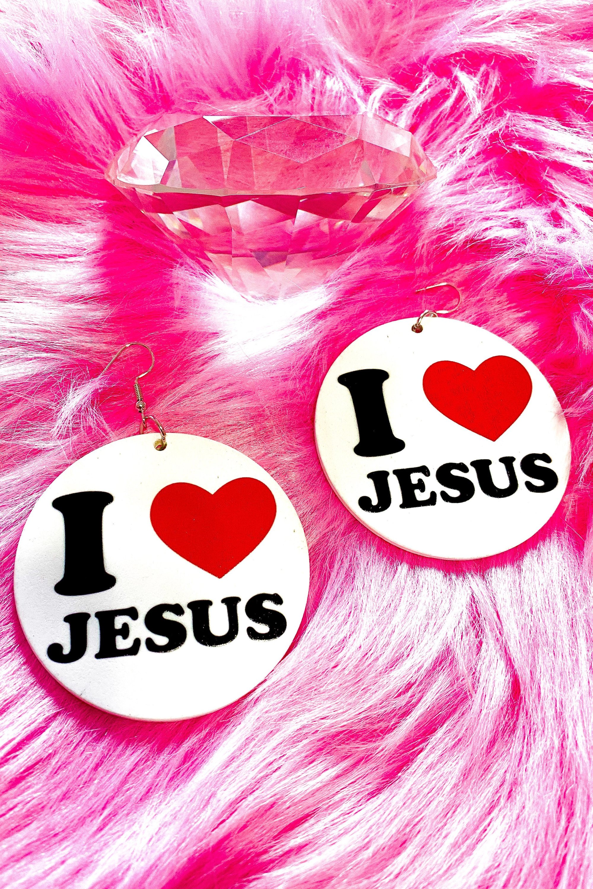 Hoops - I Love Jesus earrings featuring a stylish wood design with a cultural print, perfect for casual wear.