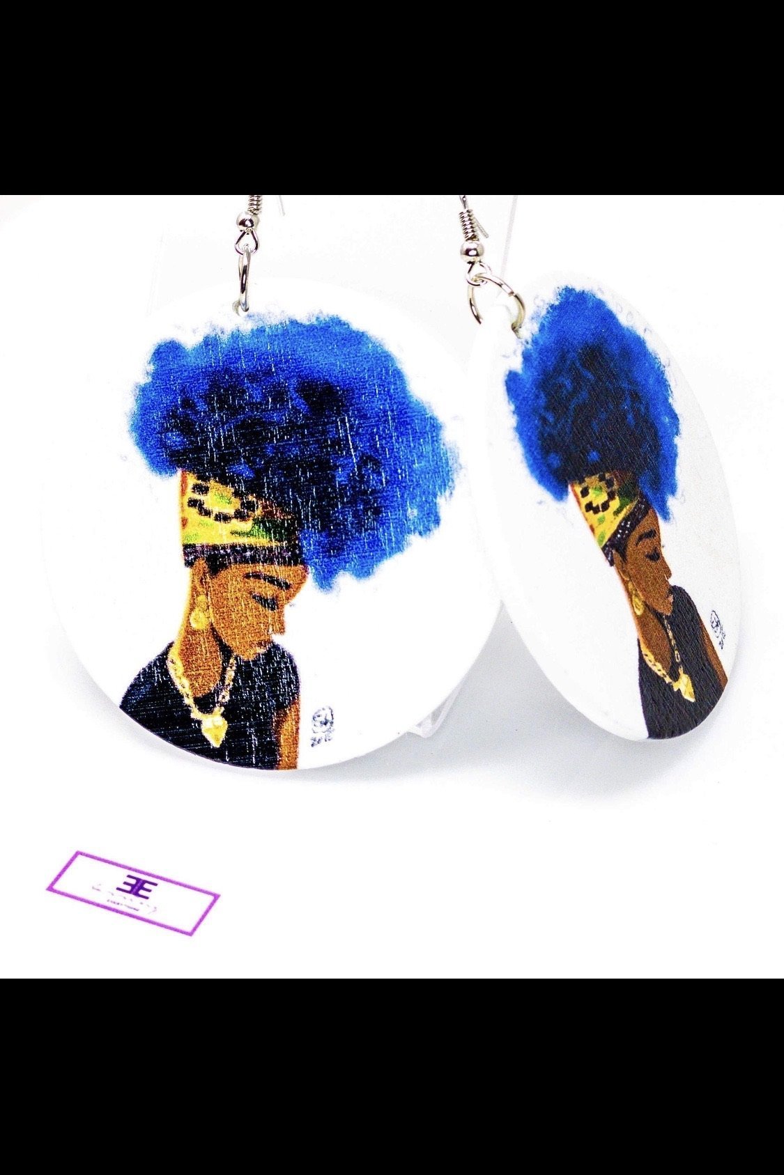 Kenisha's Up-Do hoop earrings made of wood, featuring a round shape and brass ear hooks, available in blue and brown colors.