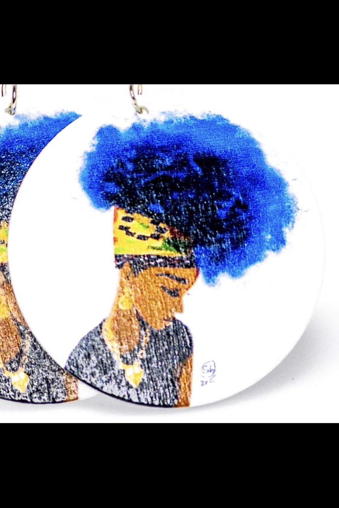 Kenisha's Up-Do hoop earrings made of wood, featuring a round shape and brass ear hooks, available in blue and brown colors.